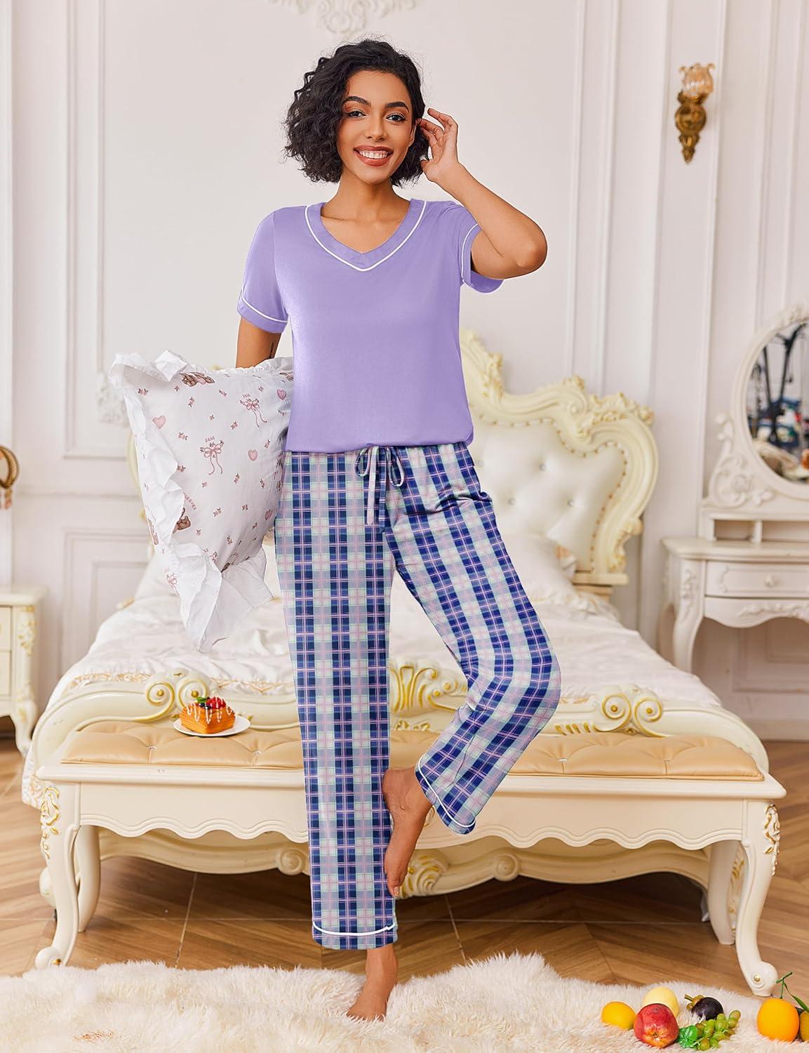 imageEkouaer Pajamas for Women Set 2 Piece Lounge Set Soft Pajama Sets Short Sleeve and Pants Pj Sets Loose Sleepwear with PocketsPurple Plaid