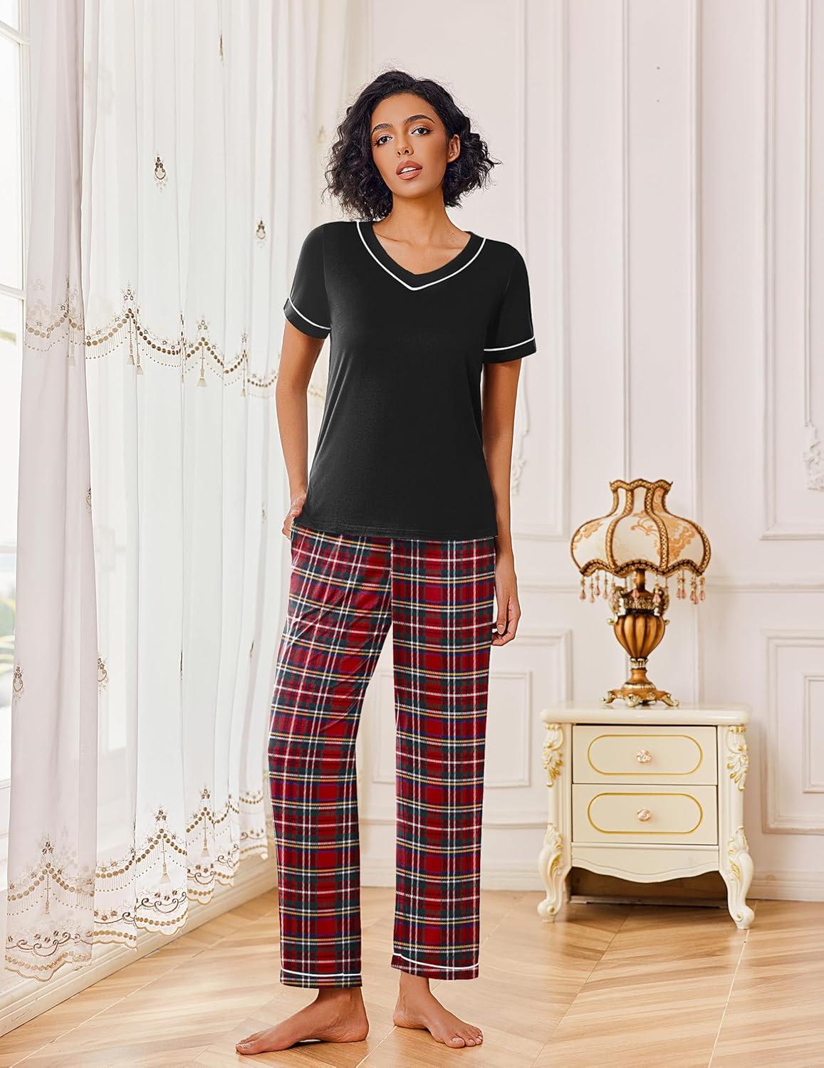 imageEkouaer Pajamas for Women Set 2 Piece Lounge Set Soft Pajama Sets Short Sleeve and Pants Pj Sets Loose Sleepwear with PocketsRed Plaid
