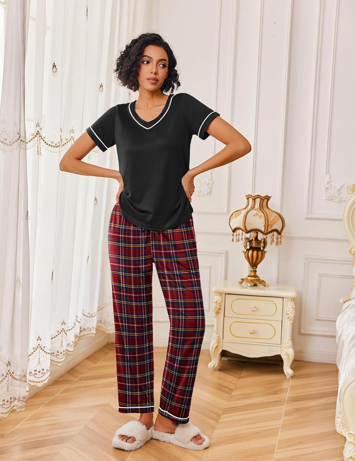 imageEkouaer Pajamas for Women Set 2 Piece Lounge Set Soft Pajama Sets Short Sleeve and Pants Pj Sets Loose Sleepwear with PocketsRed Plaid