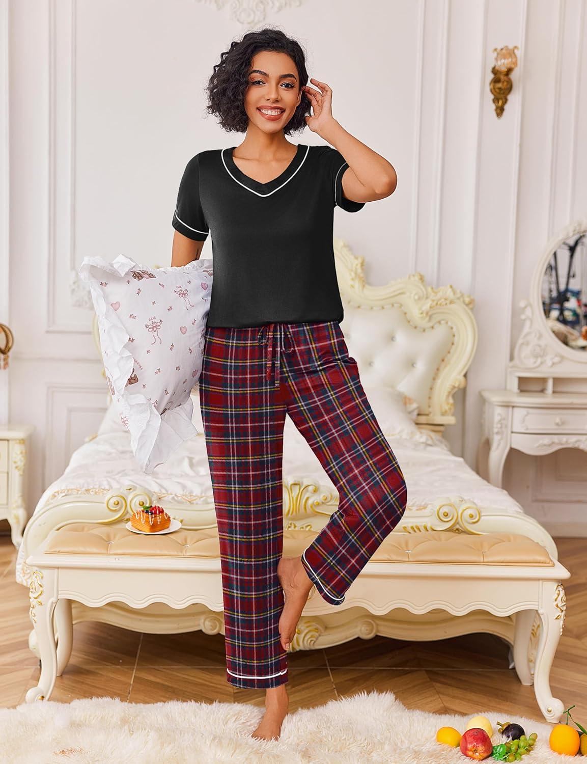imageEkouaer Pajamas for Women Set 2 Piece Lounge Set Soft Pajama Sets Short Sleeve and Pants Pj Sets Loose Sleepwear with PocketsRed Plaid