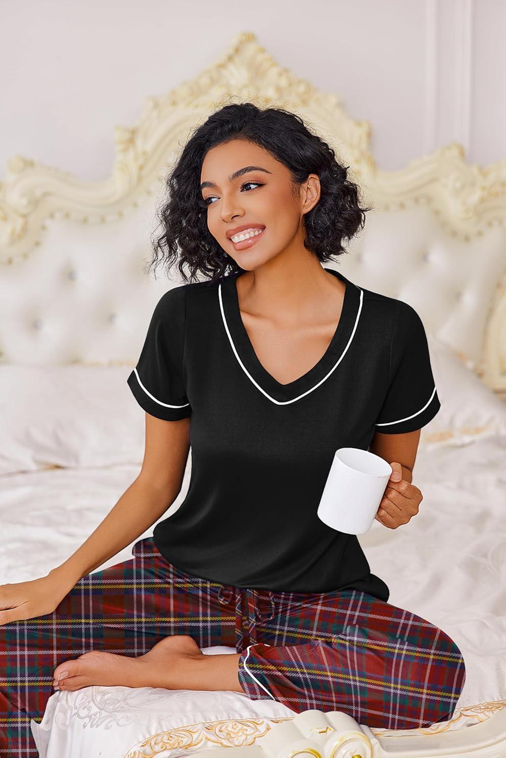 imageEkouaer Pajamas for Women Set 2 Piece Lounge Set Soft Pajama Sets Short Sleeve and Pants Pj Sets Loose Sleepwear with PocketsRed Plaid