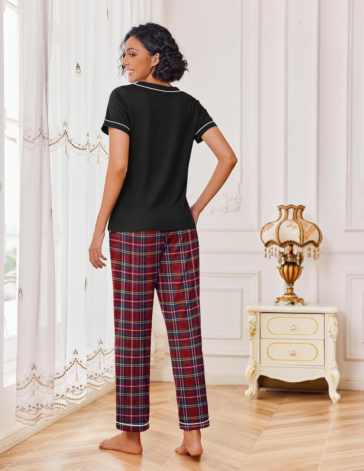 imageEkouaer Pajamas for Women Set 2 Piece Lounge Set Soft Pajama Sets Short Sleeve and Pants Pj Sets Loose Sleepwear with PocketsRed Plaid
