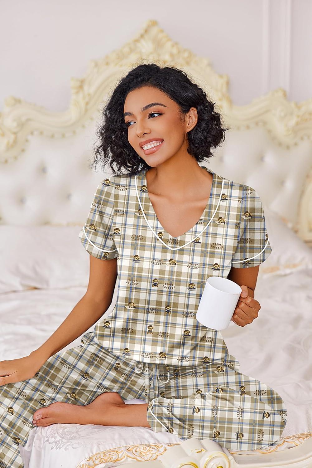imageEkouaer Pajamas for Women Set 2 Piece Lounge Set Soft Pajama Sets Short Sleeve and Pants Pj Sets Loose Sleepwear with PocketsTeddy Bear Plaid