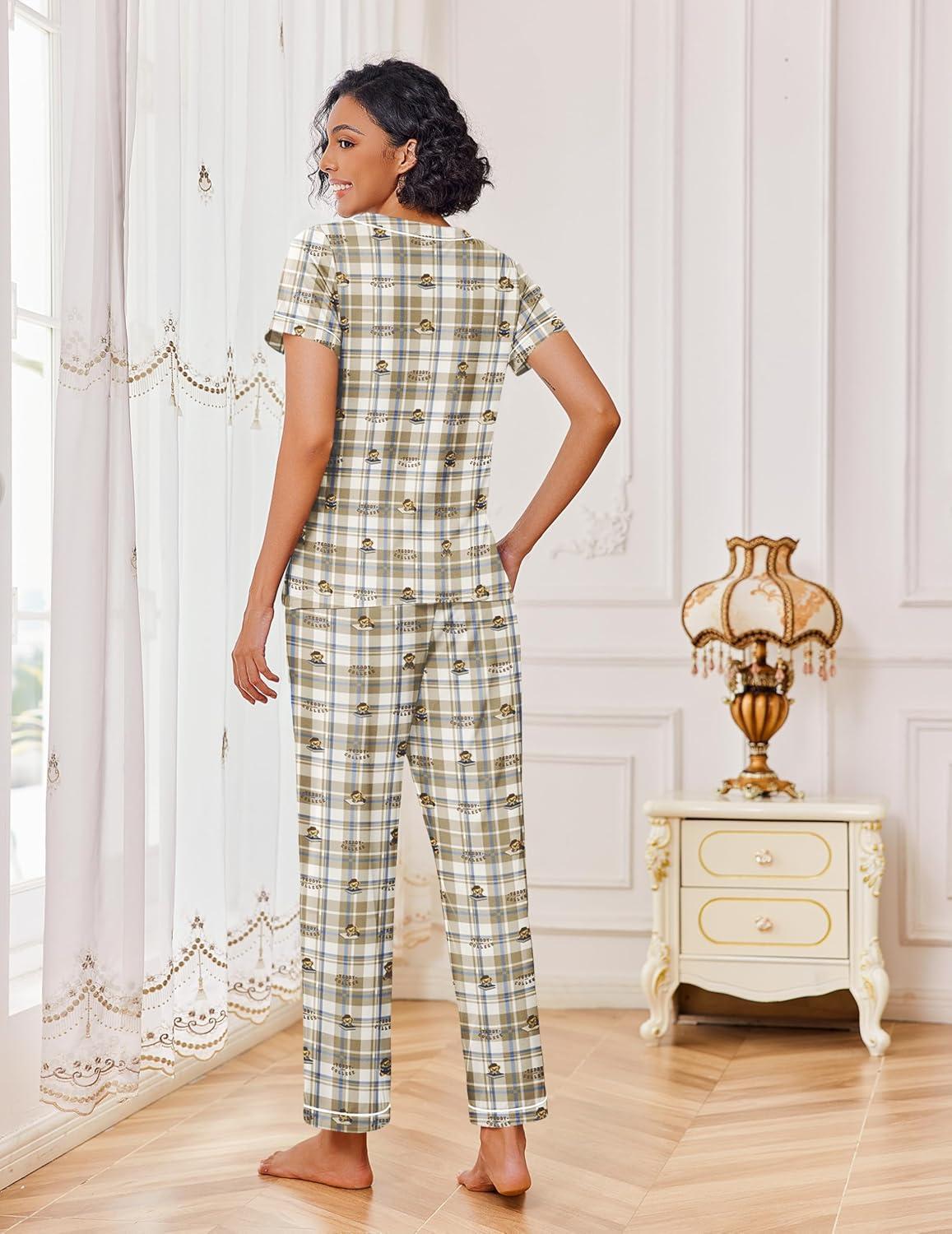 imageEkouaer Pajamas for Women Set 2 Piece Lounge Set Soft Pajama Sets Short Sleeve and Pants Pj Sets Loose Sleepwear with PocketsTeddy Bear Plaid