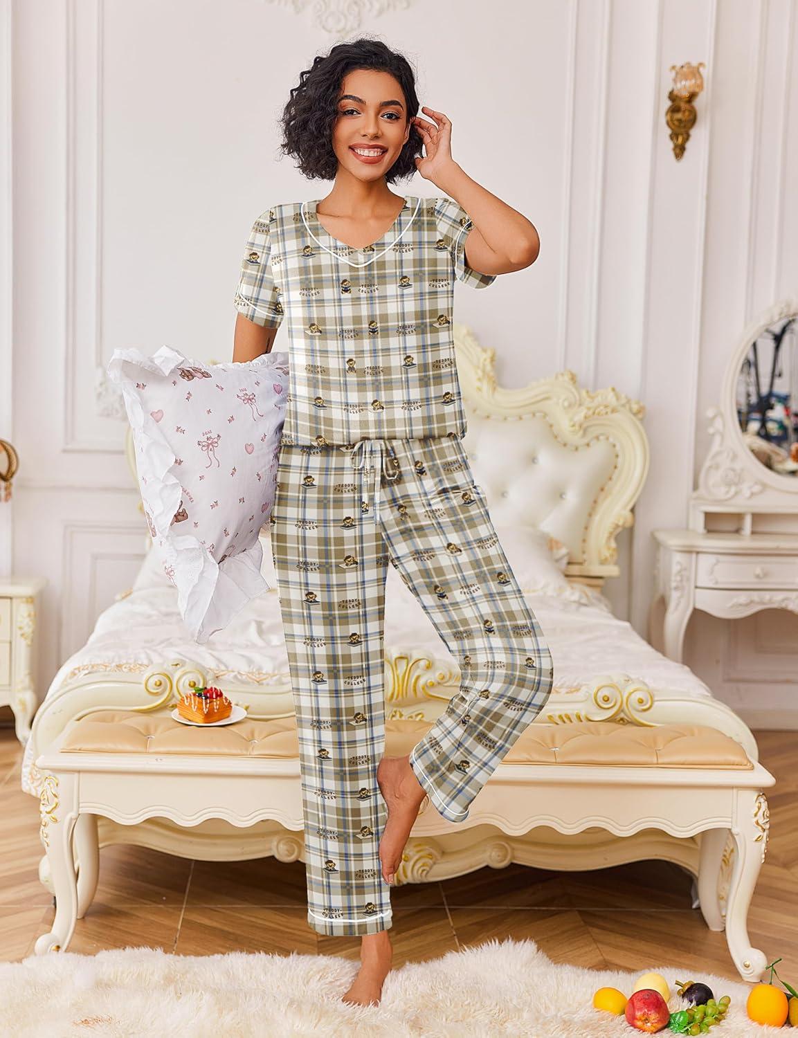 imageEkouaer Pajamas for Women Set 2 Piece Lounge Set Soft Pajama Sets Short Sleeve and Pants Pj Sets Loose Sleepwear with PocketsTeddy Bear Plaid