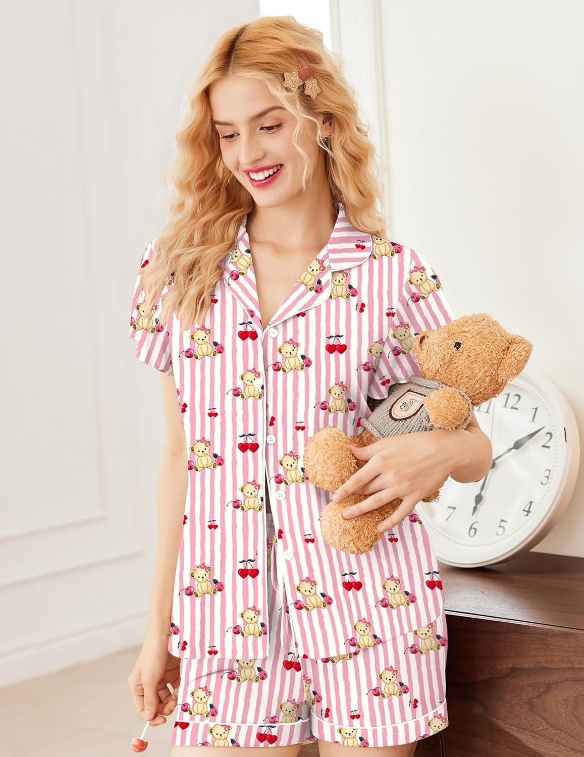imageEkouaer Pajamas for Women Set Button Up Pjs Short Sleeve Ruffle Sleepwear Notch Collar Bride Soft Pj Lounge Sets SXXLPink Striped Teddy