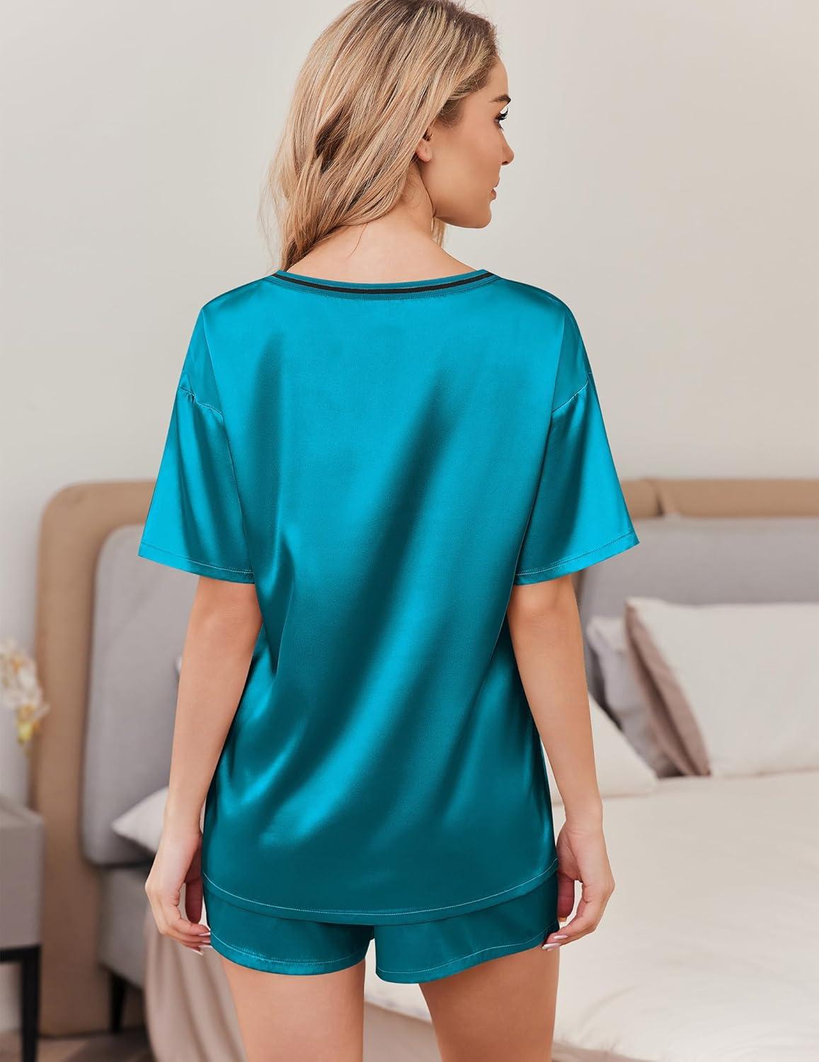 imageEkouaer Satin Pajama Set for Women 2 piece Silky Pj Set Soft Short Sleeve Sleepwear Summer Loungewear SXXLBlue Green