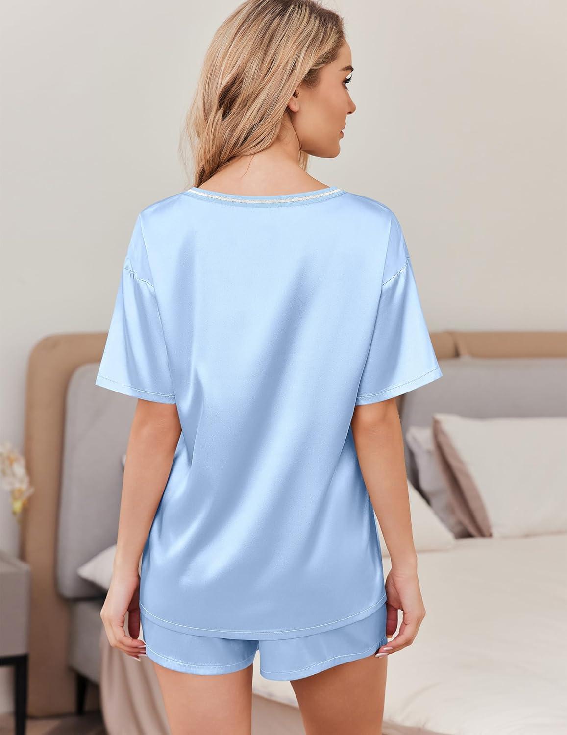 imageEkouaer Satin Pajama Set for Women 2 piece Silky Pj Set Soft Short Sleeve Sleepwear Summer Loungewear SXXLLight Blue