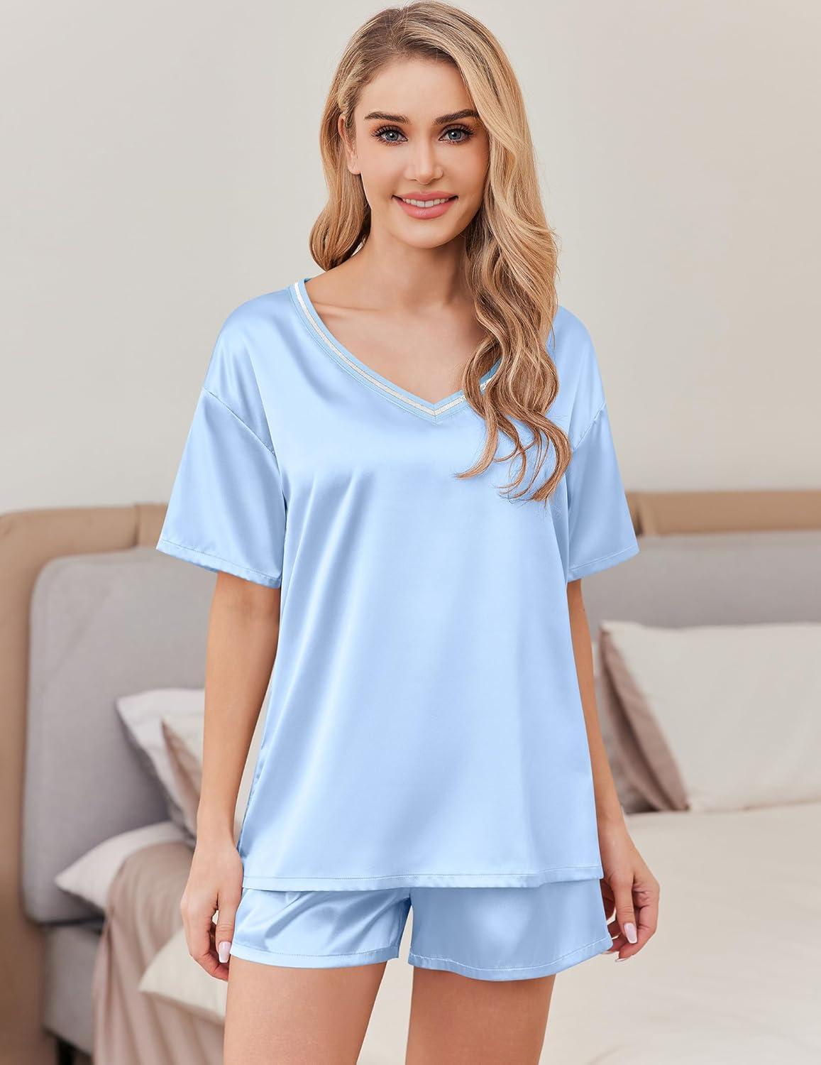 imageEkouaer Satin Pajama Set for Women 2 piece Silky Pj Set Soft Short Sleeve Sleepwear Summer Loungewear SXXLLight Blue