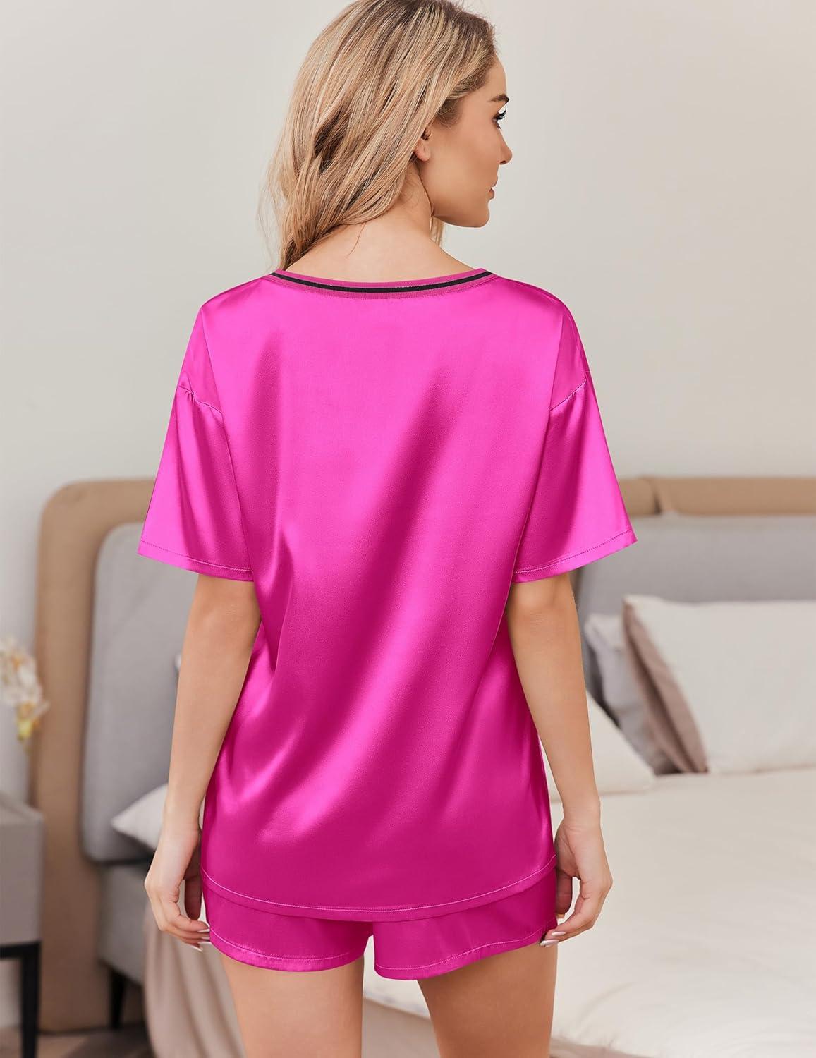 imageEkouaer Satin Pajama Set for Women 2 piece Silky Pj Set Soft Short Sleeve Sleepwear Summer Loungewear SXXLRose Red