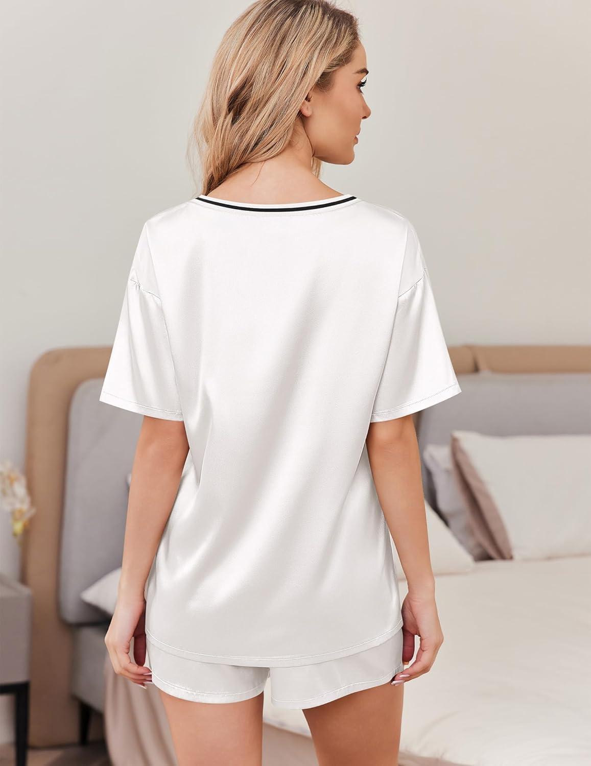 imageEkouaer Satin Pajama Set for Women 2 piece Silky Pj Set Soft Short Sleeve Sleepwear Summer Loungewear SXXLWhite