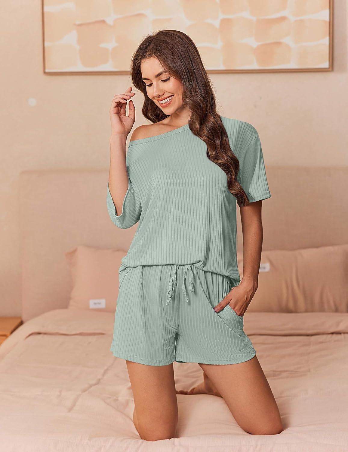 imageEkouaer Short Sleeve Pajamas Set Ribbed Knit Lounge Sets for Women Pjs Shorts Set Two Piece Shorts Outfits SetLight Green