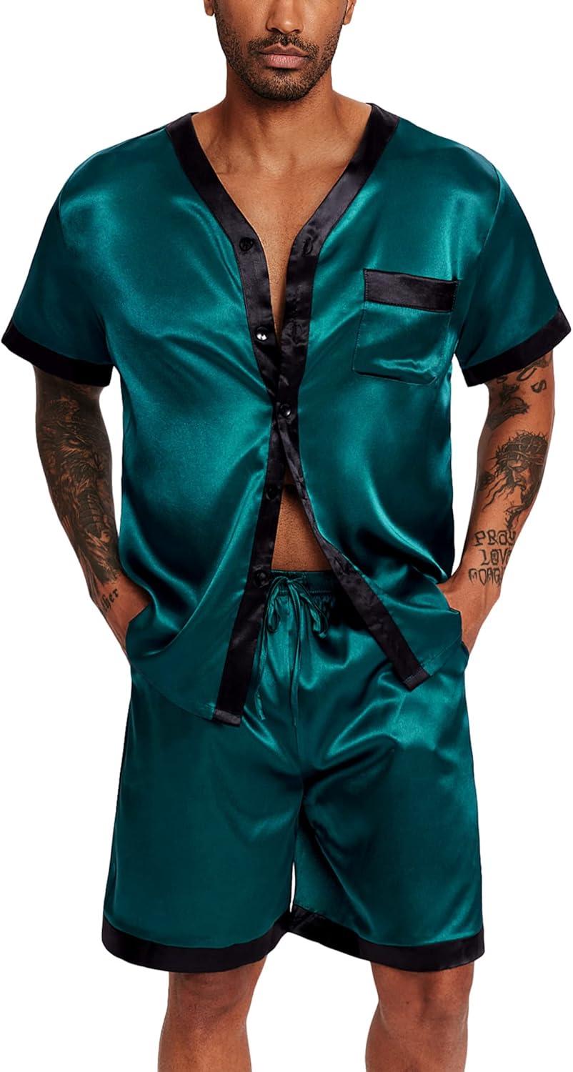 imageEkouaer Silk Pajamas for Men Satin Pajama Shorts 2 Piece Button Down Pj Set V Neck Sleepwear Loungewear with Pockets SXXLDark Green