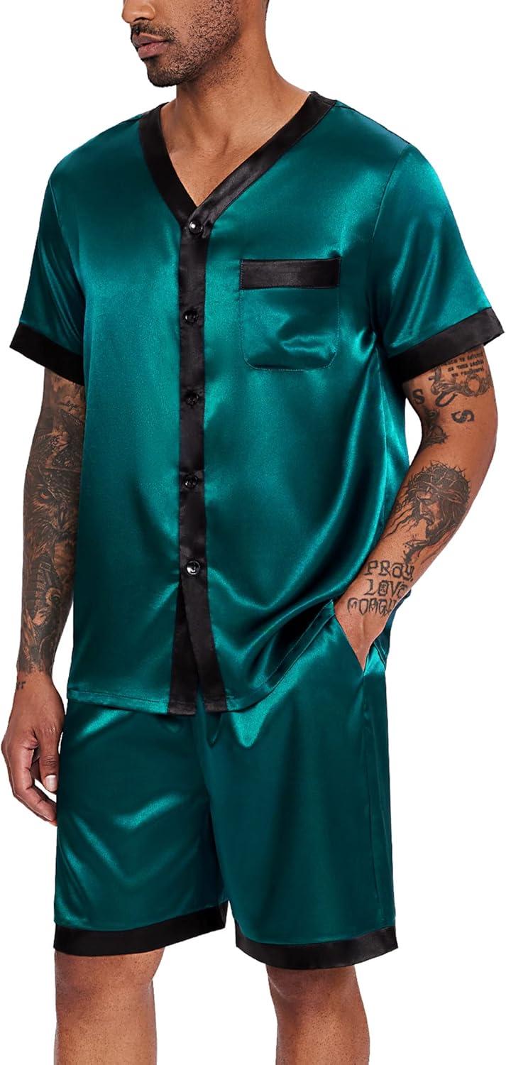 imageEkouaer Silk Pajamas for Men Satin Pajama Shorts 2 Piece Button Down Pj Set V Neck Sleepwear Loungewear with Pockets SXXLDark Green