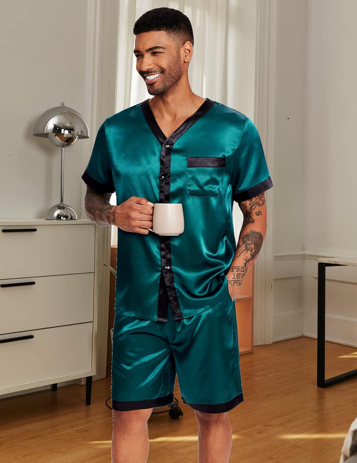 imageEkouaer Silk Pajamas for Men Satin Pajama Shorts 2 Piece Button Down Pj Set V Neck Sleepwear Loungewear with Pockets SXXLDark Green