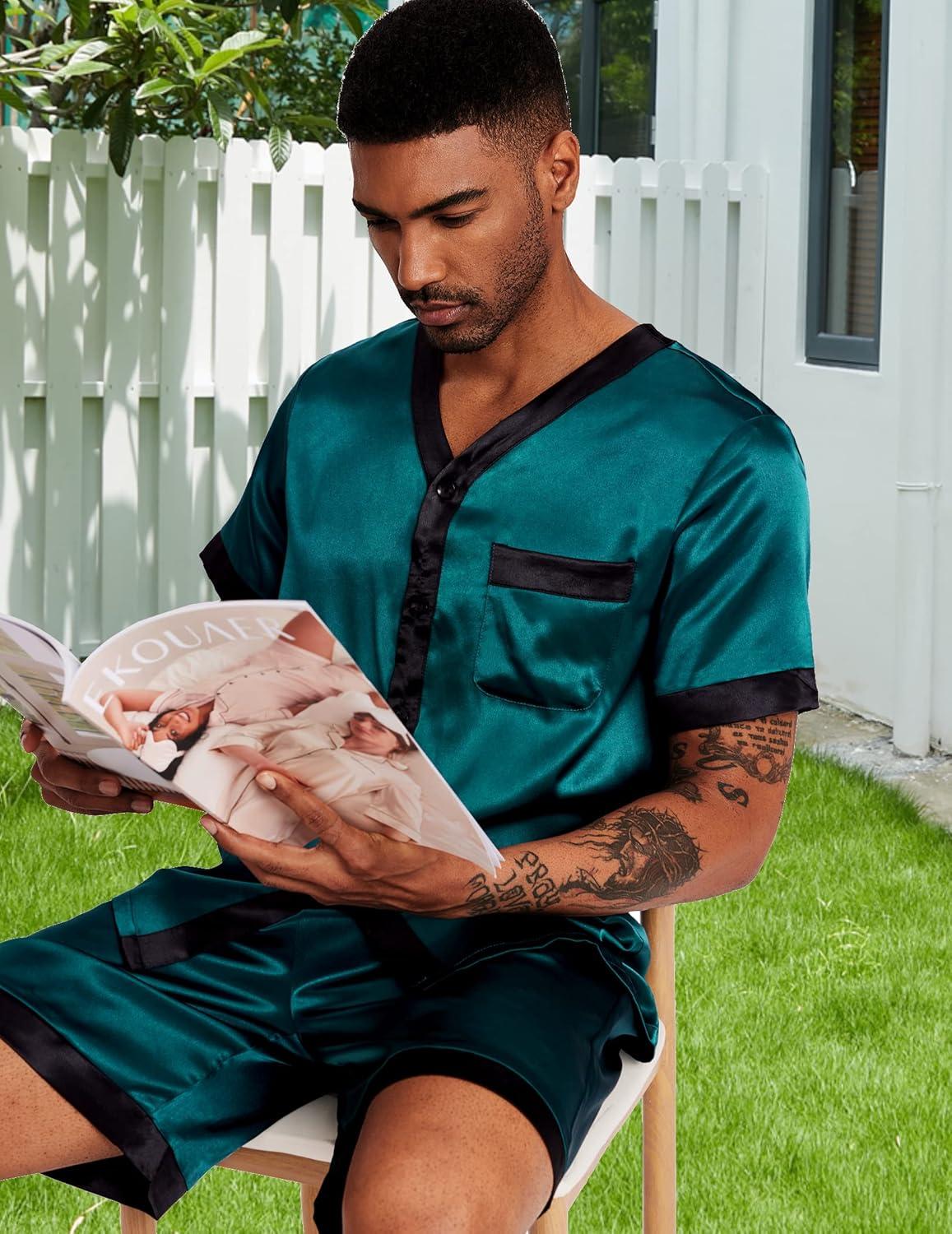 imageEkouaer Silk Pajamas for Men Satin Pajama Shorts 2 Piece Button Down Pj Set V Neck Sleepwear Loungewear with Pockets SXXLDark Green