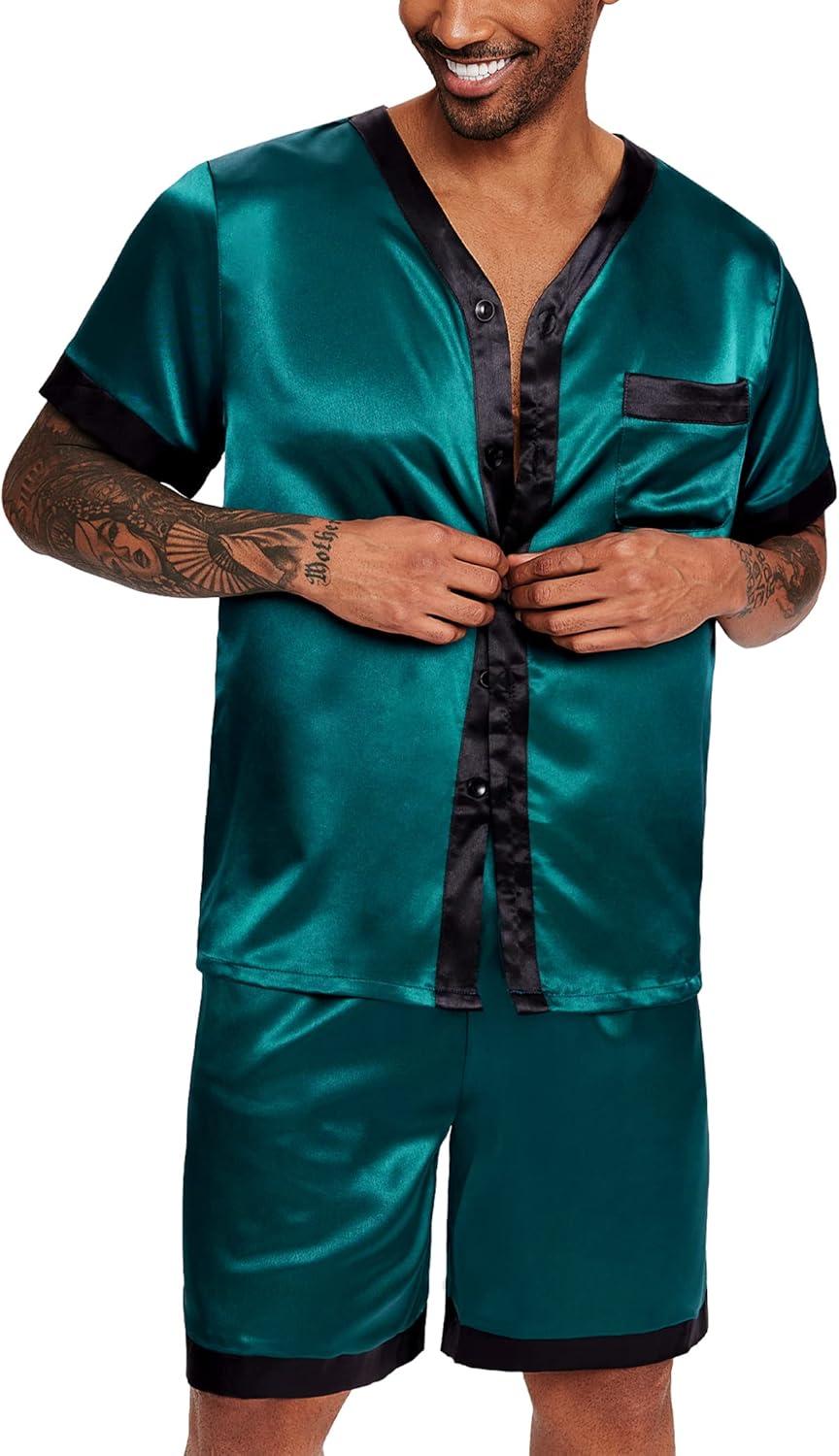imageEkouaer Silk Pajamas for Men Satin Pajama Shorts 2 Piece Button Down Pj Set V Neck Sleepwear Loungewear with Pockets SXXLDark Green
