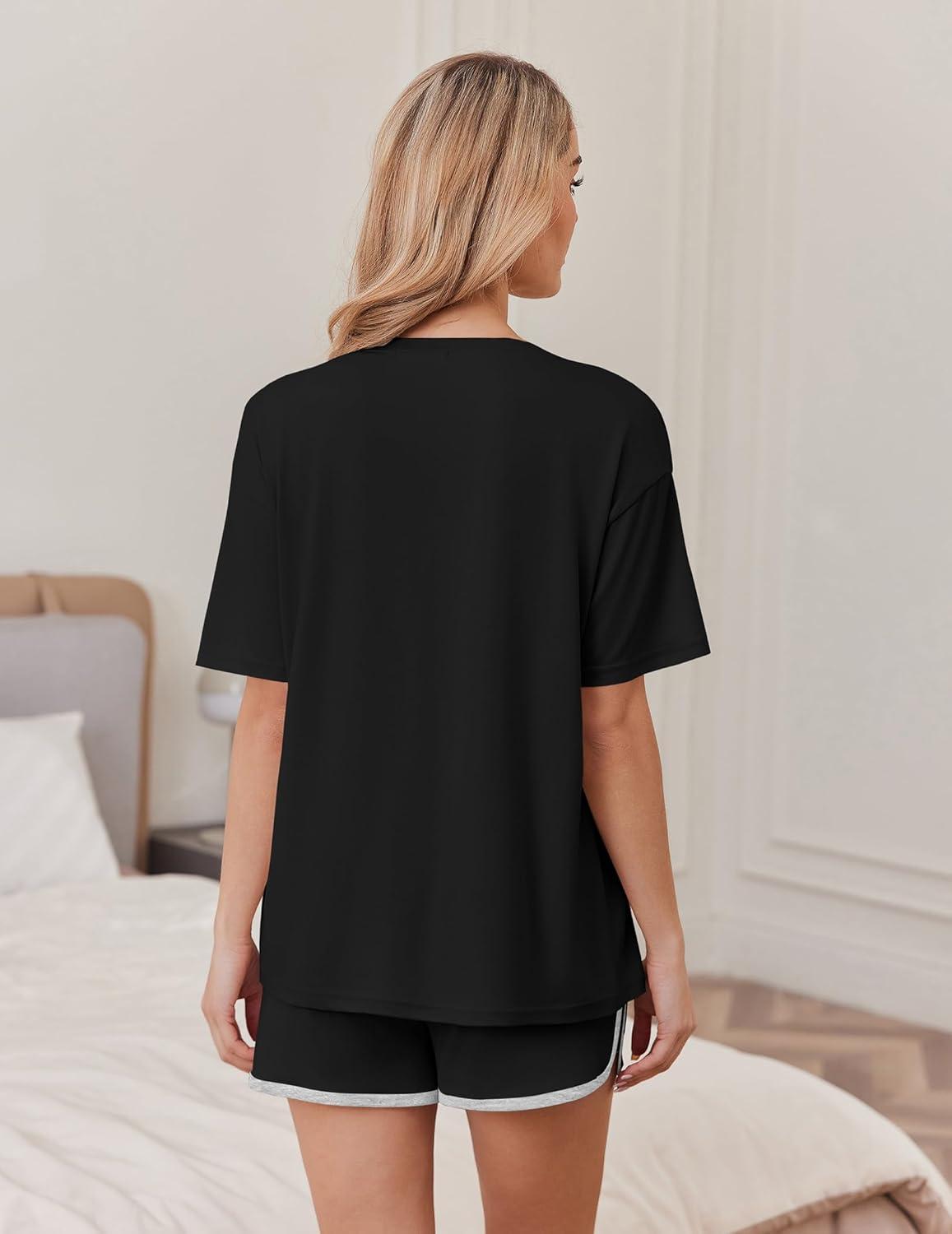 imageEkouaer Soft Pajamas set for Women Loose Lounge Set Crew Neck TShirts Top and Sport Shorts Tracksuit with PocketsBlack