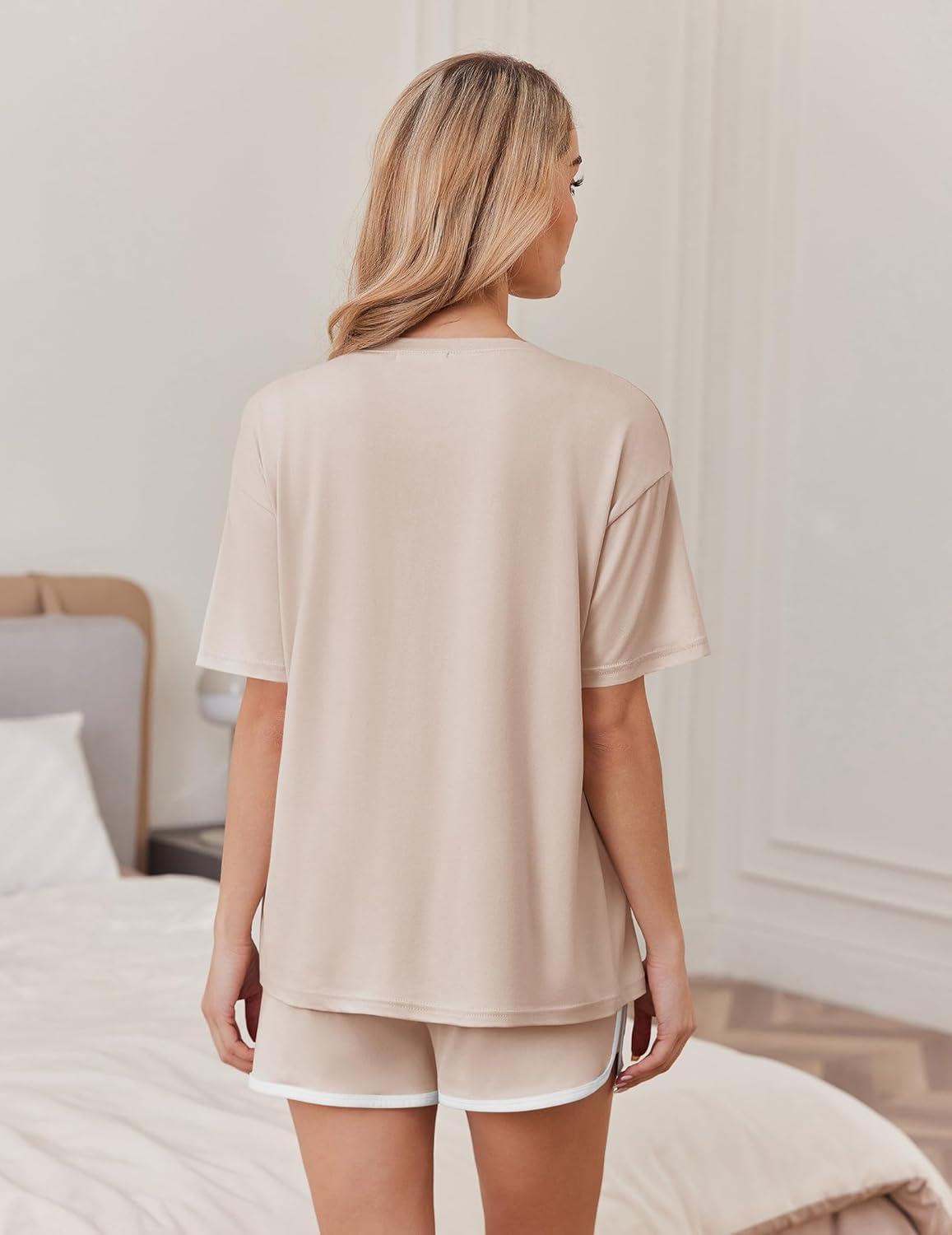 imageEkouaer Soft Pajamas set for Women Loose Lounge Set Crew Neck TShirts Top and Sport Shorts Tracksuit with PocketsChampagne