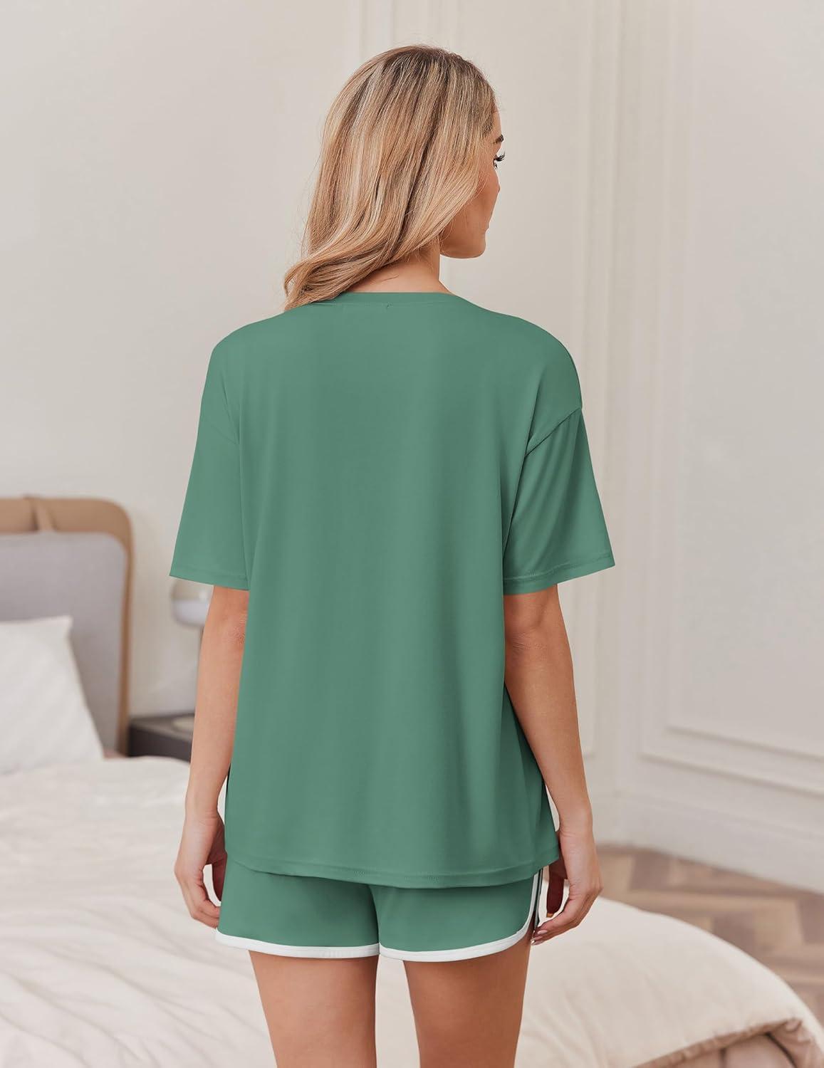 imageEkouaer Soft Pajamas set for Women Loose Lounge Set Crew Neck TShirts Top and Sport Shorts Tracksuit with PocketsGreen