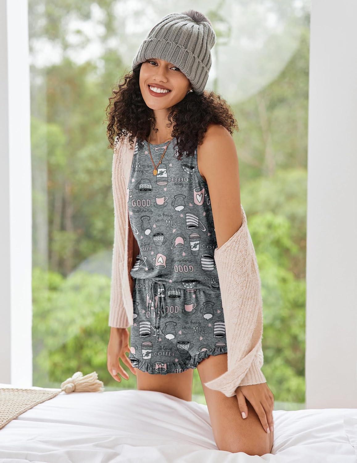 imageEkouaer Women Lightweight Summer Pajama Soft Pj Set Sleepwear Tank Top Shorts with Pocket Loungewear Set SXXL02 Star Moon Cup