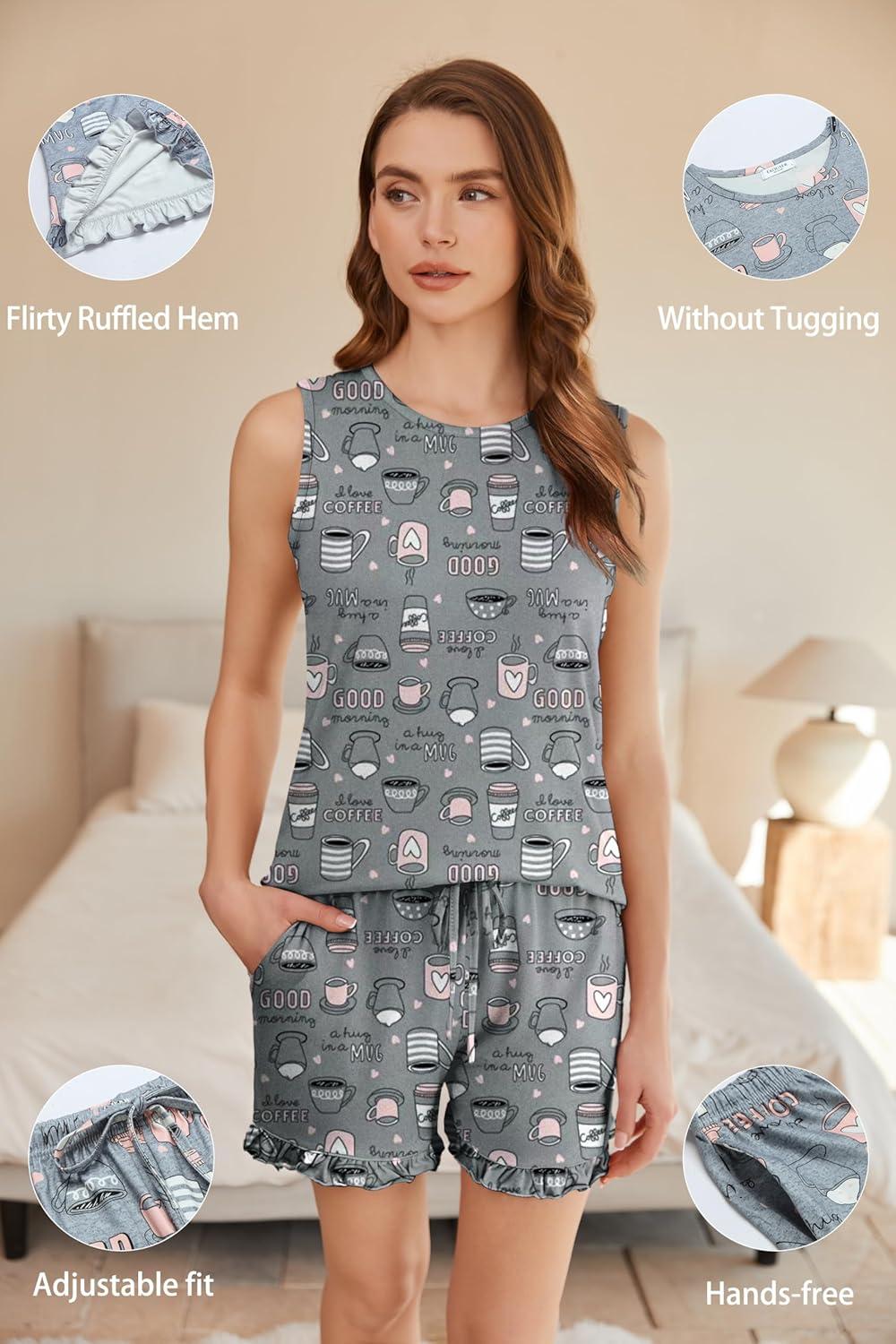 imageEkouaer Women Lightweight Summer Pajama Soft Pj Set Sleepwear Tank Top Shorts with Pocket Loungewear Set SXXL02 Star Moon Cup