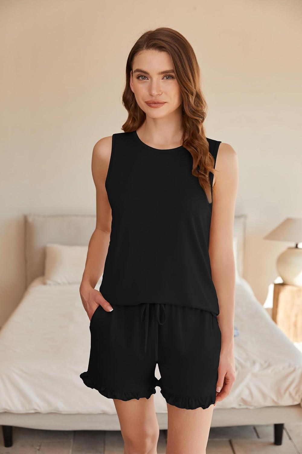 imageEkouaer Women Lightweight Summer Pajama Soft Pj Set Sleepwear Tank Top Shorts with Pocket Loungewear Set SXXLBlack