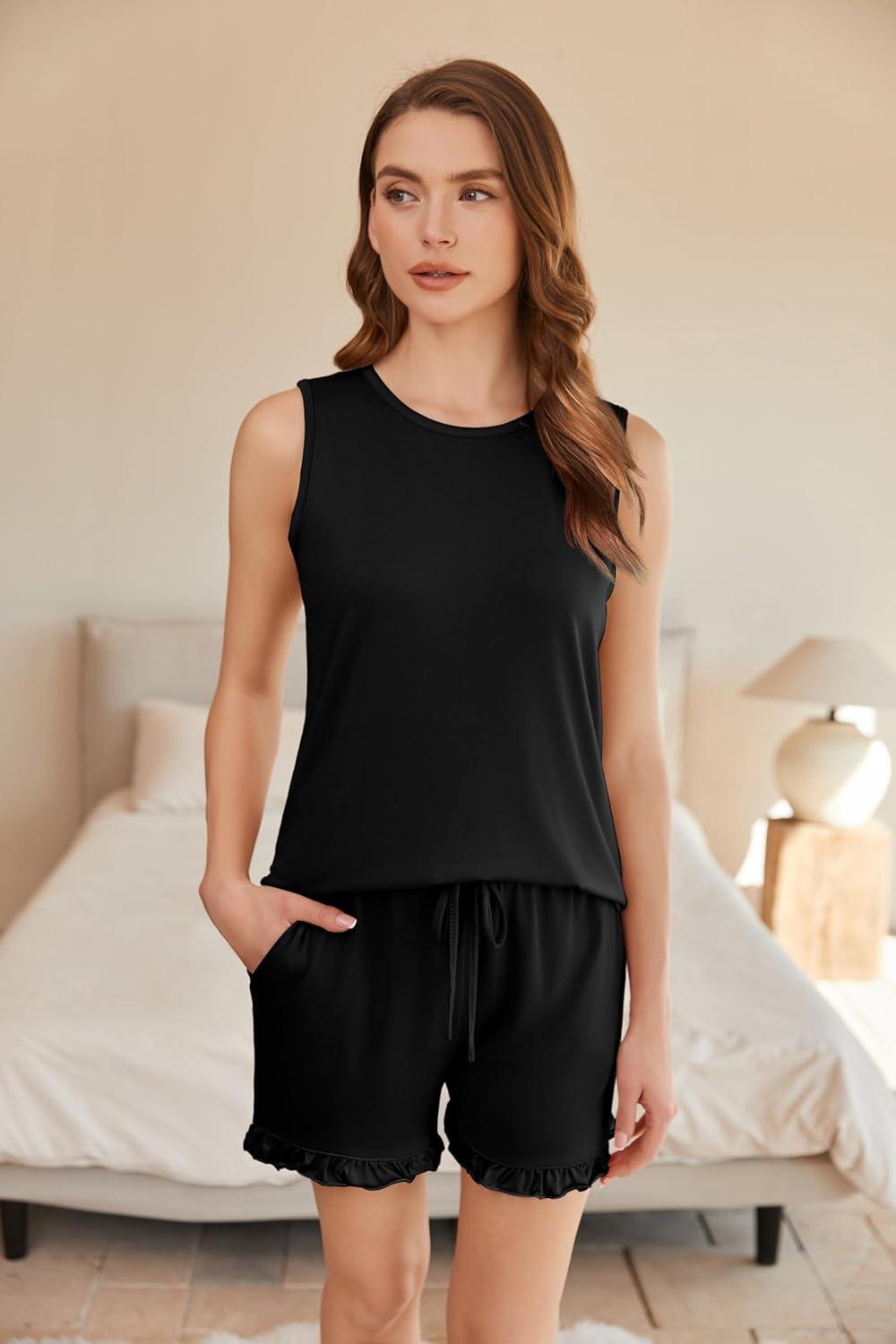 imageEkouaer Women Lightweight Summer Pajama Soft Pj Set Sleepwear Tank Top Shorts with Pocket Loungewear Set SXXLBlack Pink
