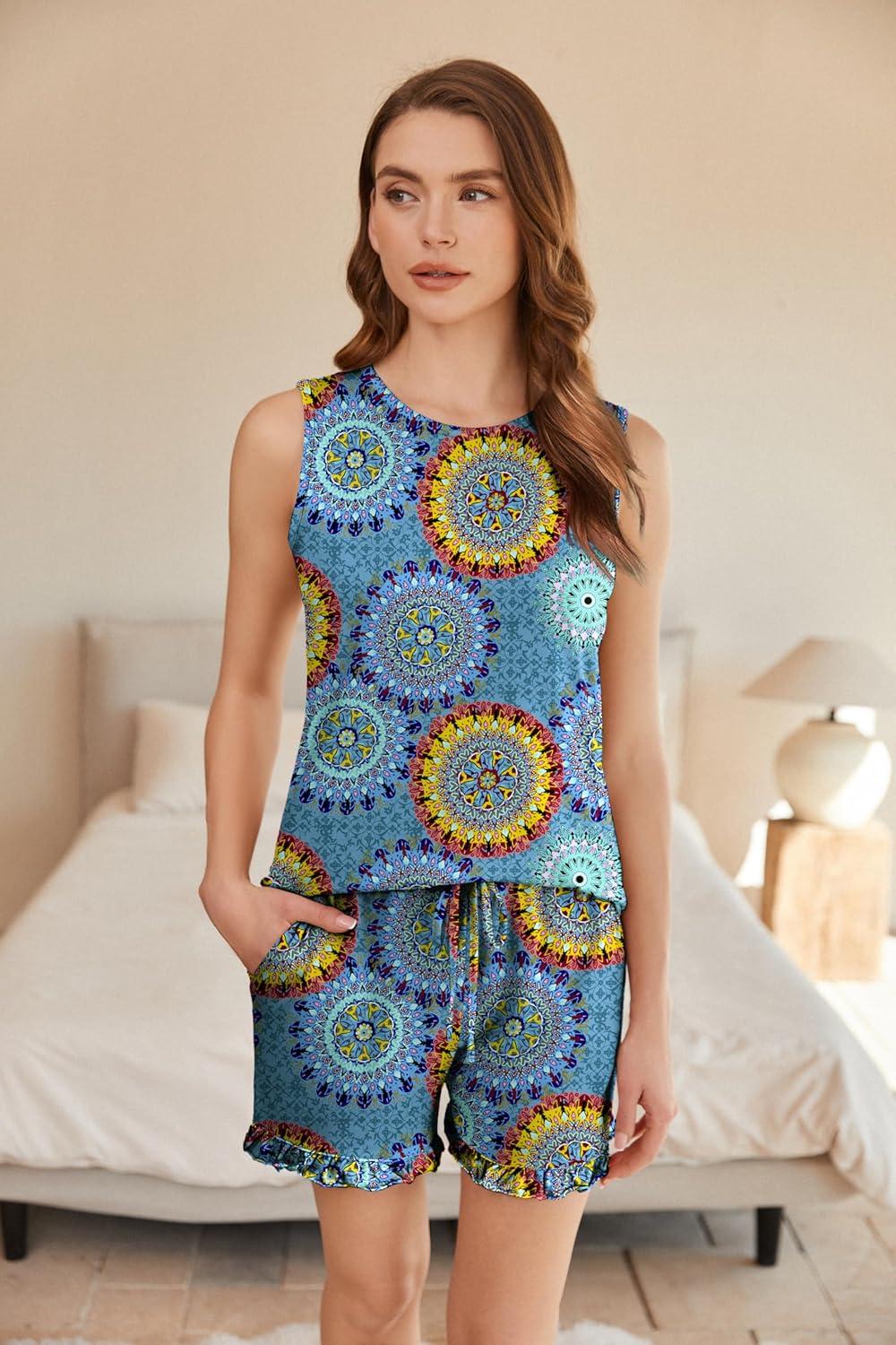 imageEkouaer Women Lightweight Summer Pajama Soft Pj Set Sleepwear Tank Top Shorts with Pocket Loungewear Set SXXLBoho Daisy