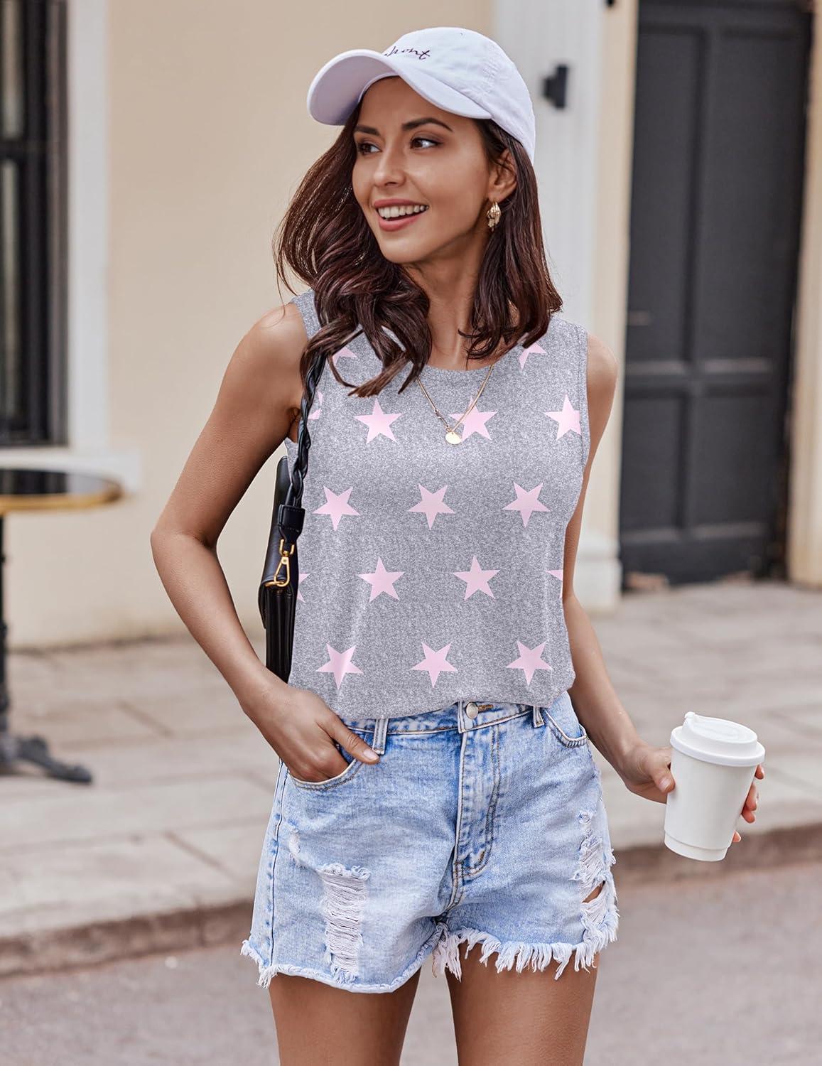 imageEkouaer Women Lightweight Summer Pajama Soft Pj Set Sleepwear Tank Top Shorts with Pocket Loungewear Set SXXLGreypink Star