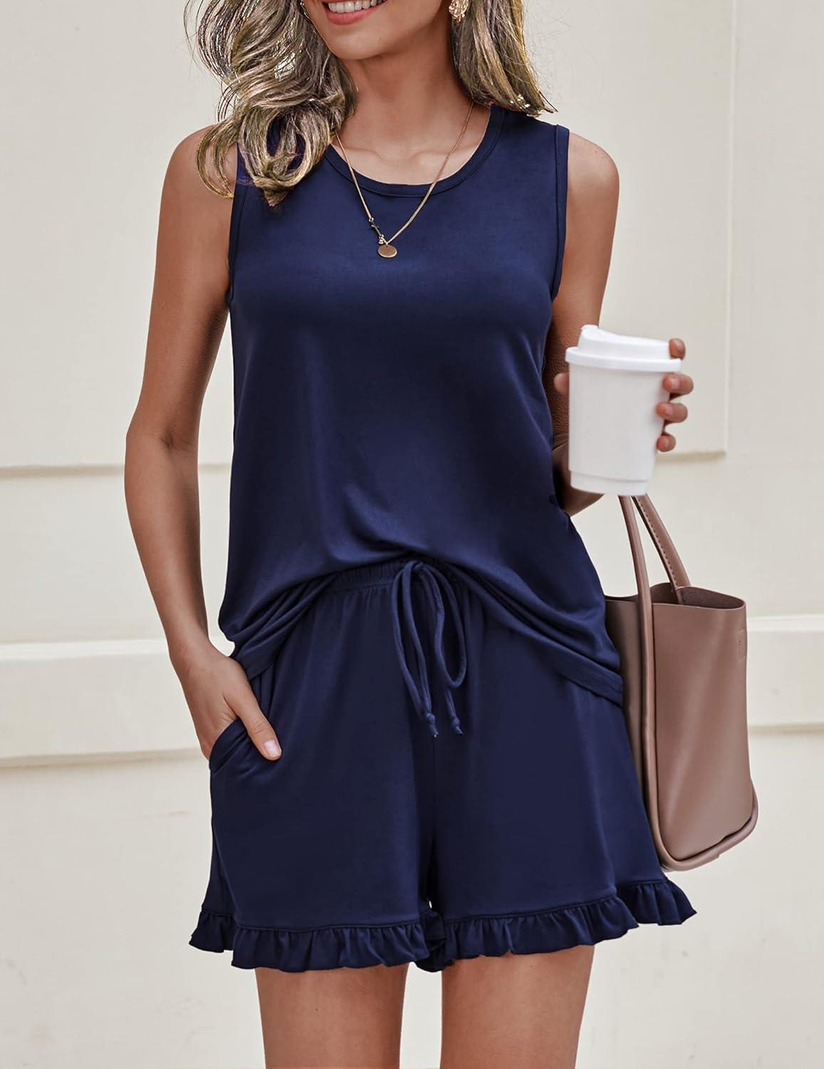 imageEkouaer Women Lightweight Summer Pajama Soft Pj Set Sleepwear Tank Top Shorts with Pocket Loungewear Set SXXLNavy Blue