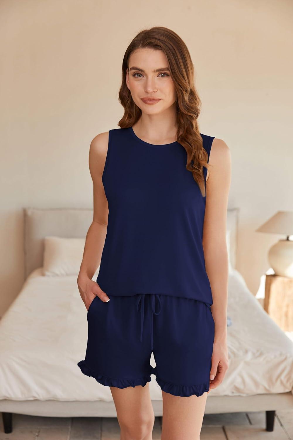 imageEkouaer Women Lightweight Summer Pajama Soft Pj Set Sleepwear Tank Top Shorts with Pocket Loungewear Set SXXLNavy Blue