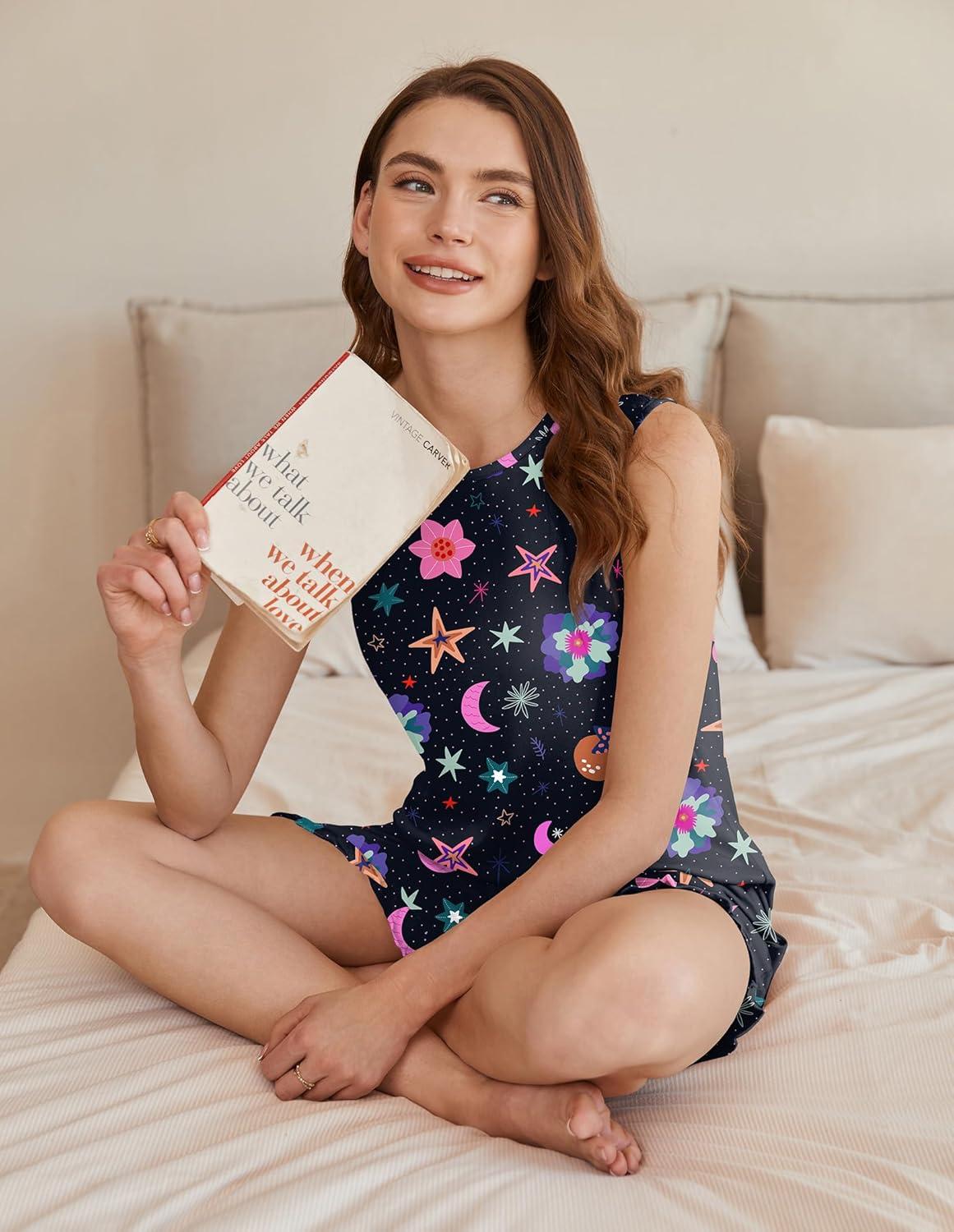 imageEkouaer Women Lightweight Summer Pajama Soft Pj Set Sleepwear Tank Top Shorts with Pocket Loungewear Set SXXLPink Stripes and Black Print