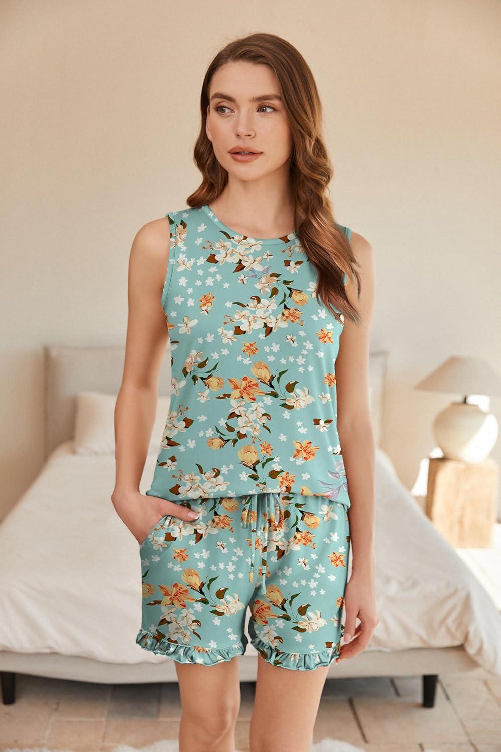 imageEkouaer Women Lightweight Summer Pajama Soft Pj Set Sleepwear Tank Top Shorts with Pocket Loungewear Set SXXLWhite Flower Green