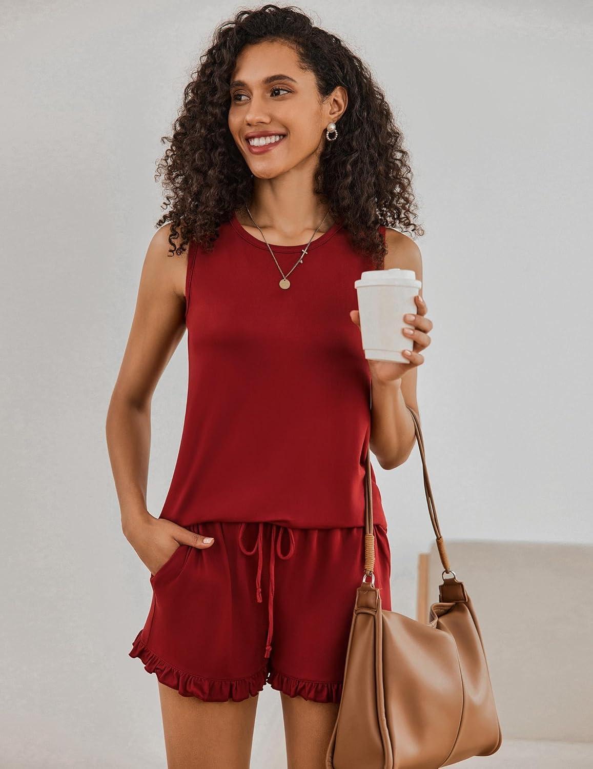 imageEkouaer Women Lightweight Summer Pajama Soft Pj Set Sleepwear Tank Top Shorts with Pocket Loungewear Set SXXLWine Red