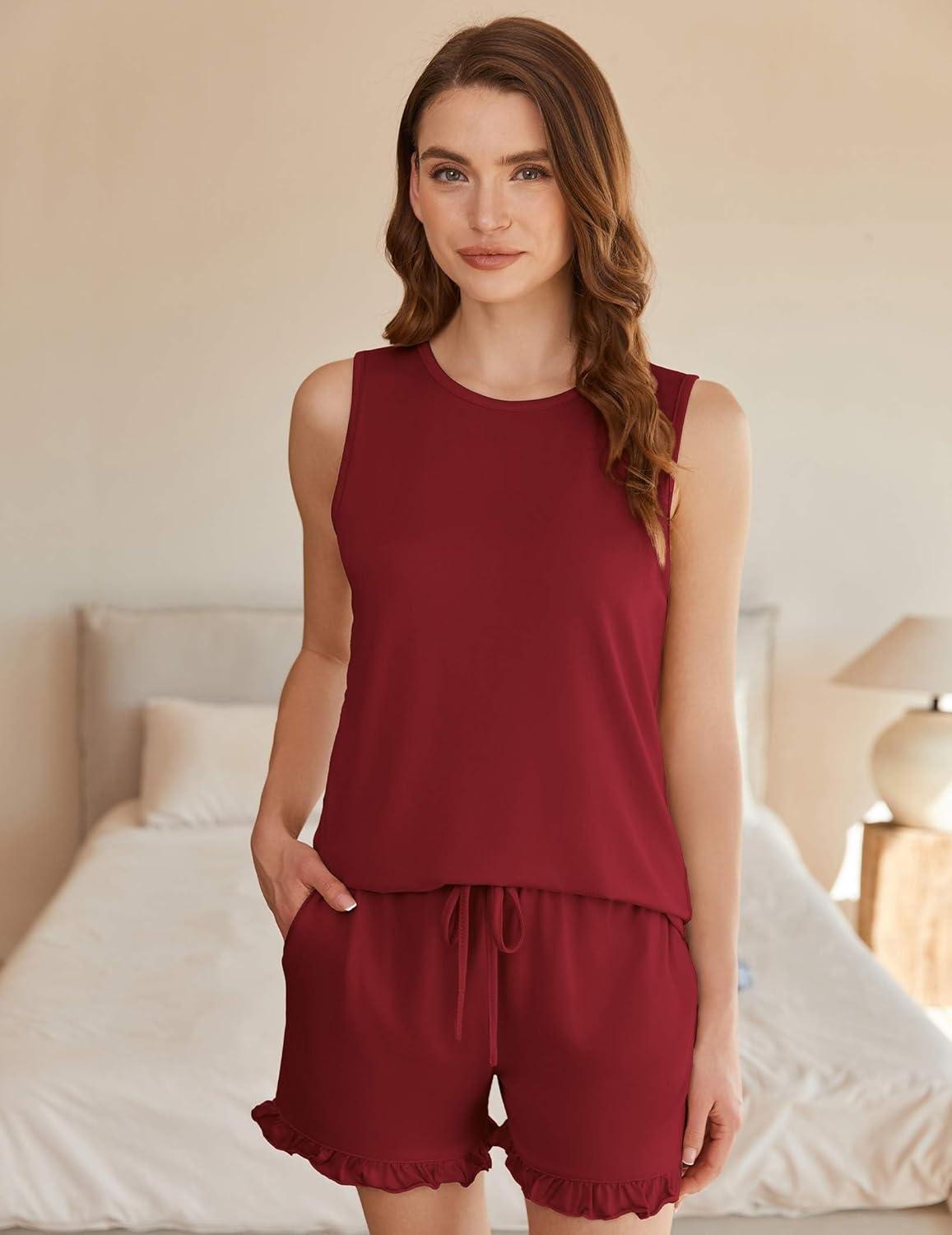 imageEkouaer Women Lightweight Summer Pajama Soft Pj Set Sleepwear Tank Top Shorts with Pocket Loungewear Set SXXLWine Red