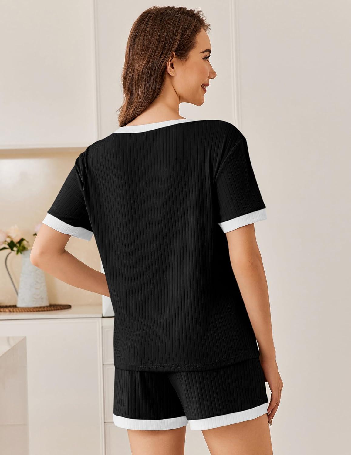 imageEkouaer Women Ribbed Knit Pajama Sets Short Sleeve Top and Shorts 2 Piece Soft Pjs Sleepwear with Pockets Lounge Sets SXXLBlack