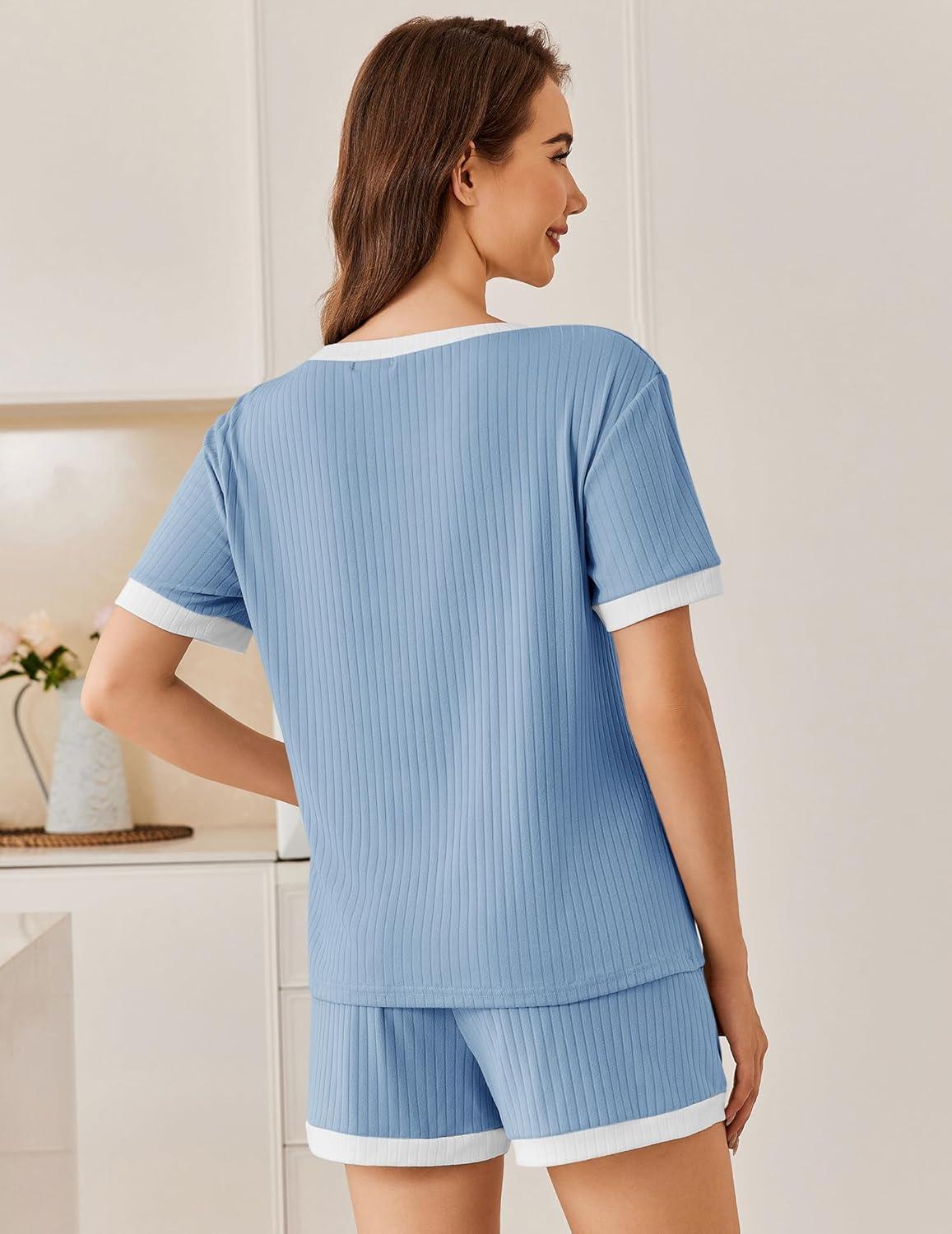 imageEkouaer Women Ribbed Knit Pajama Sets Short Sleeve Top and Shorts 2 Piece Soft Pjs Sleepwear with Pockets Lounge Sets SXXLClear Blue
