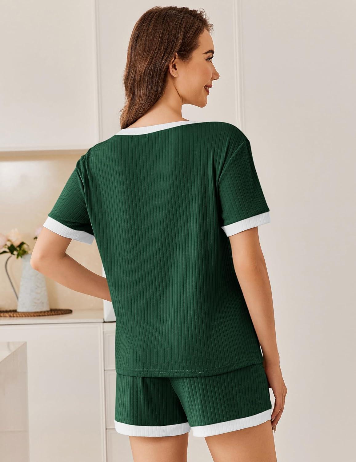 imageEkouaer Women Ribbed Knit Pajama Sets Short Sleeve Top and Shorts 2 Piece Soft Pjs Sleepwear with Pockets Lounge Sets SXXLDark Green