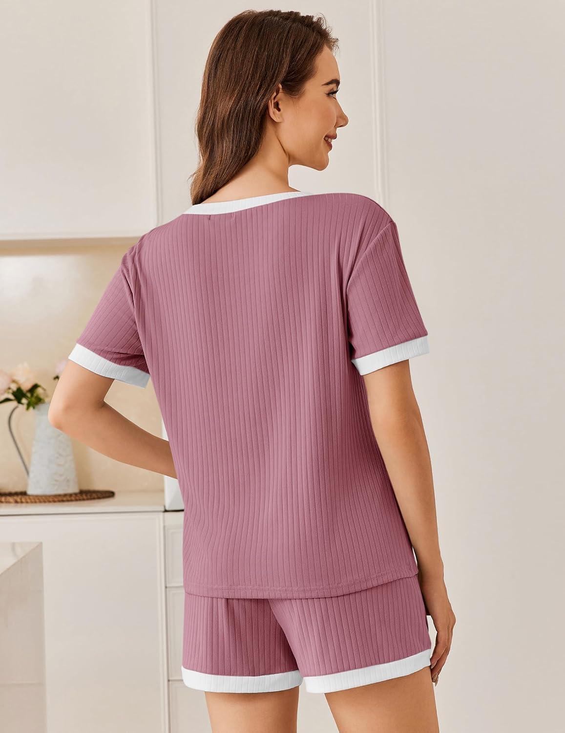 imageEkouaer Women Ribbed Knit Pajama Sets Short Sleeve Top and Shorts 2 Piece Soft Pjs Sleepwear with Pockets Lounge Sets SXXLDeep Pink