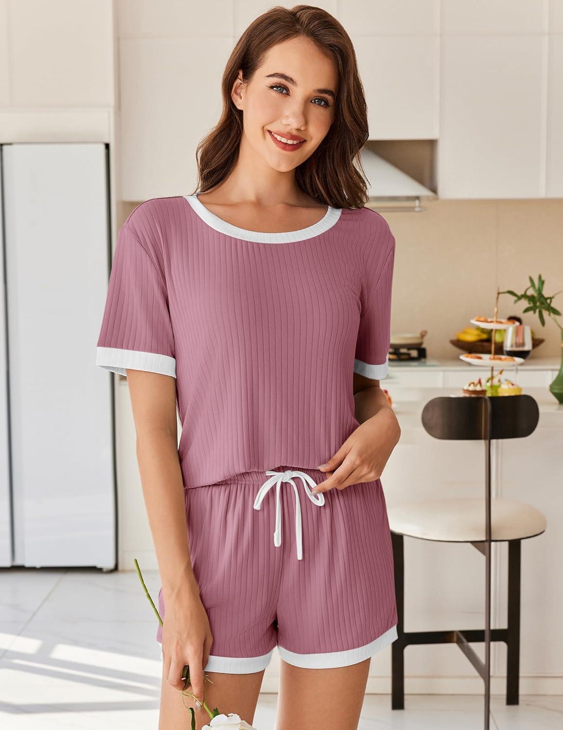 imageEkouaer Women Ribbed Knit Pajama Sets Short Sleeve Top and Shorts 2 Piece Soft Pjs Sleepwear with Pockets Lounge Sets SXXLDeep Pink