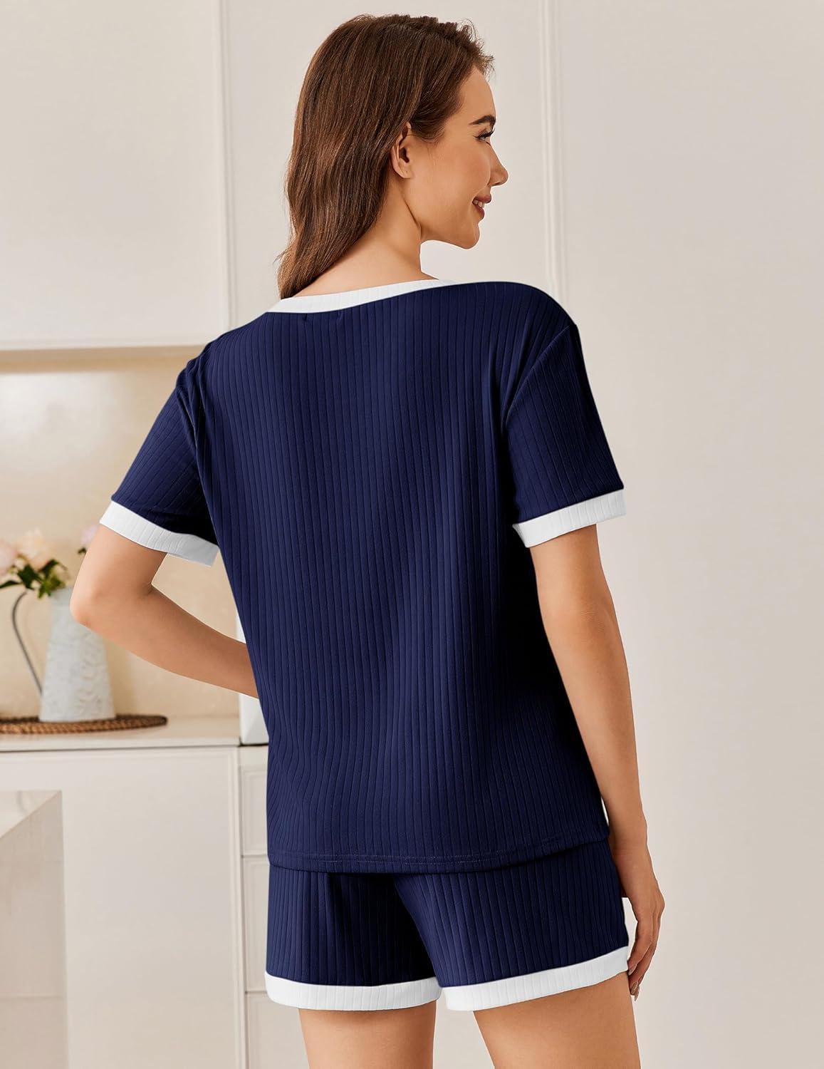imageEkouaer Women Ribbed Knit Pajama Sets Short Sleeve Top and Shorts 2 Piece Soft Pjs Sleepwear with Pockets Lounge Sets SXXLNavy Blue