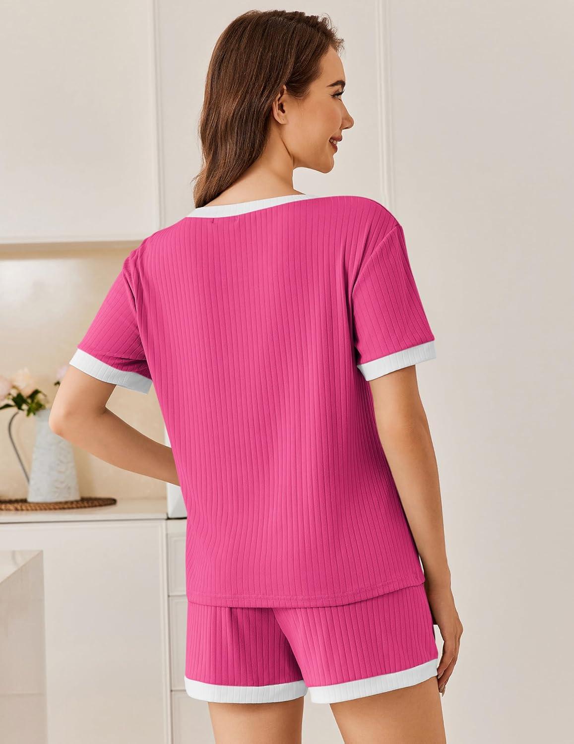 imageEkouaer Women Ribbed Knit Pajama Sets Short Sleeve Top and Shorts 2 Piece Soft Pjs Sleepwear with Pockets Lounge Sets SXXLRose Red
