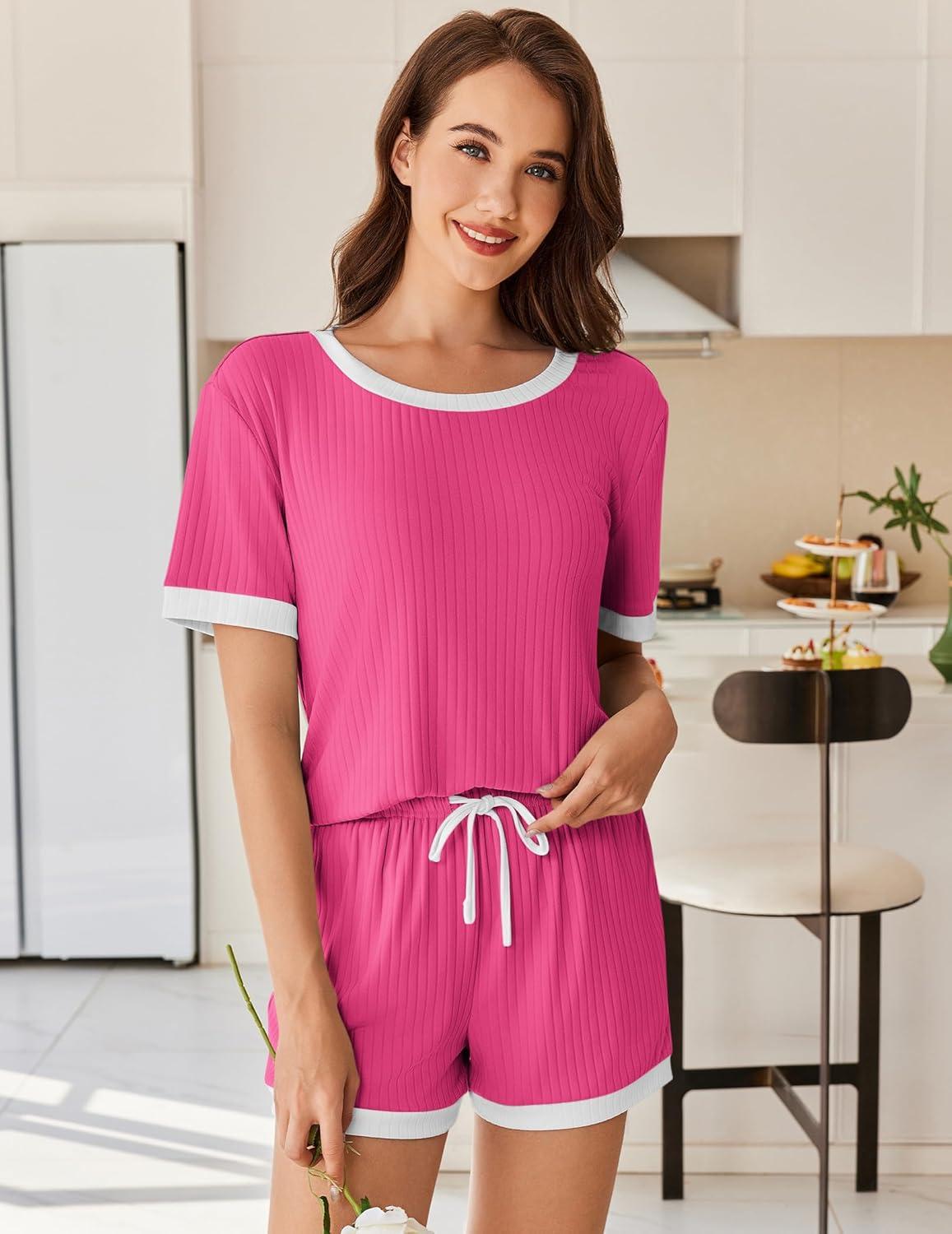 imageEkouaer Women Ribbed Knit Pajama Sets Short Sleeve Top and Shorts 2 Piece Soft Pjs Sleepwear with Pockets Lounge Sets SXXLRose Red