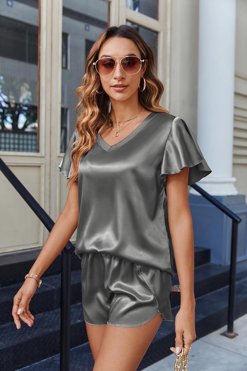imageEkouaer Women Satin Pajamas Set Ruffle Sleeves Silk Pj Set Soft V Neck Sleepwear LoungewearGray