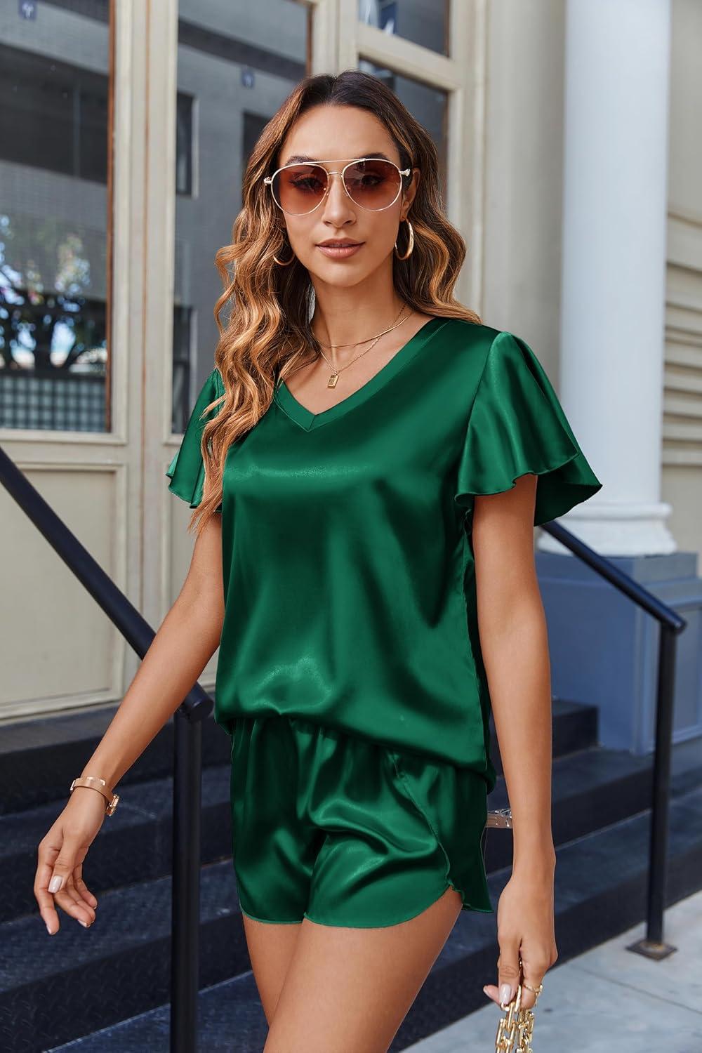 imageEkouaer Women Satin Pajamas Set Ruffle Sleeves Silk Pj Set Soft V Neck Sleepwear LoungewearGreen