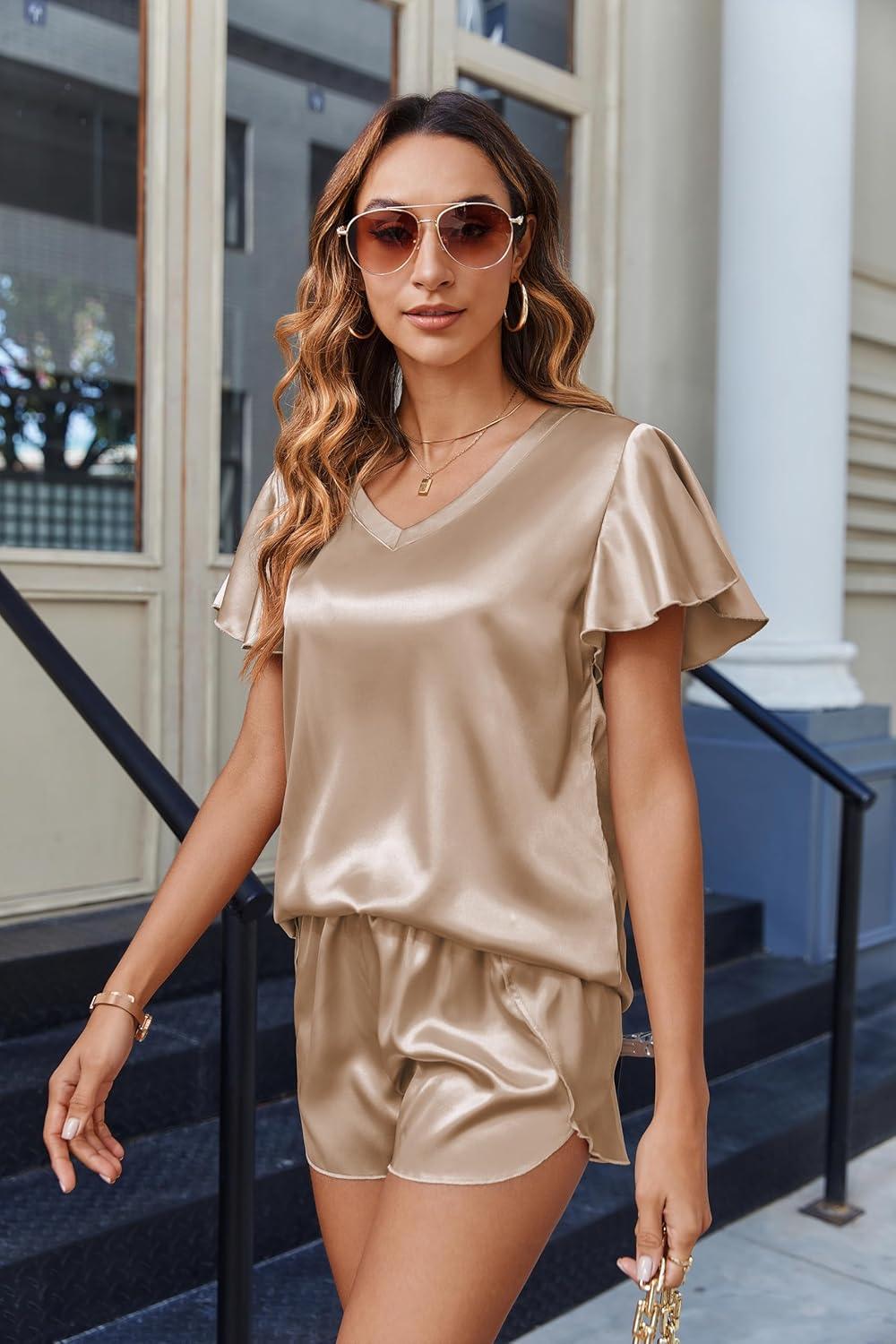 imageEkouaer Women Satin Pajamas Set Ruffle Sleeves Silk Pj Set Soft V Neck Sleepwear LoungewearKhaki