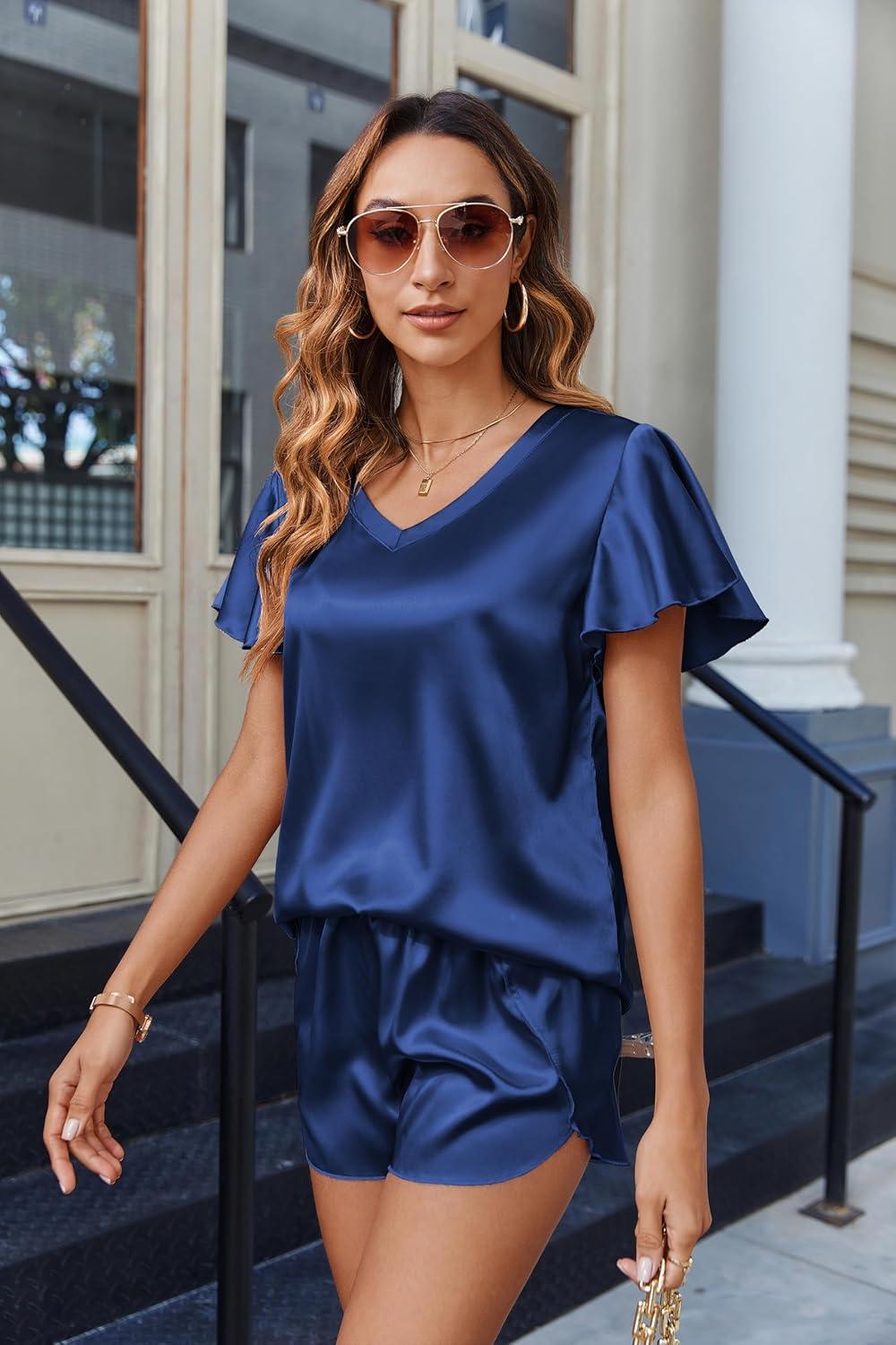 imageEkouaer Women Satin Pajamas Set Ruffle Sleeves Silk Pj Set Soft V Neck Sleepwear LoungewearNavy Blue