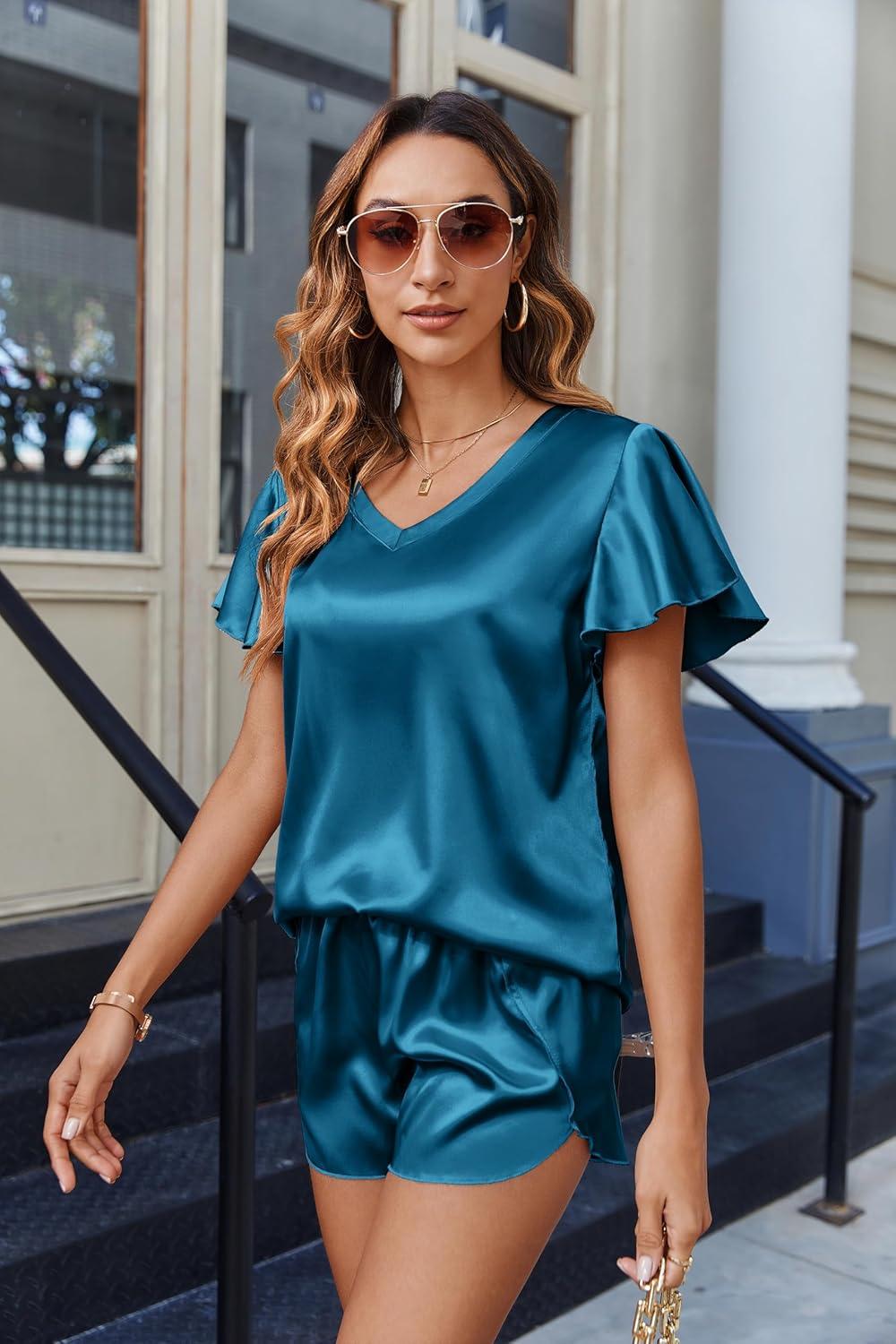imageEkouaer Women Satin Pajamas Set Ruffle Sleeves Silk Pj Set Soft V Neck Sleepwear LoungewearPeacock Blue