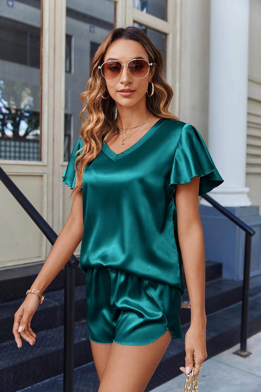imageEkouaer Women Satin Pajamas Set Ruffle Sleeves Silk Pj Set Soft V Neck Sleepwear LoungewearTeal